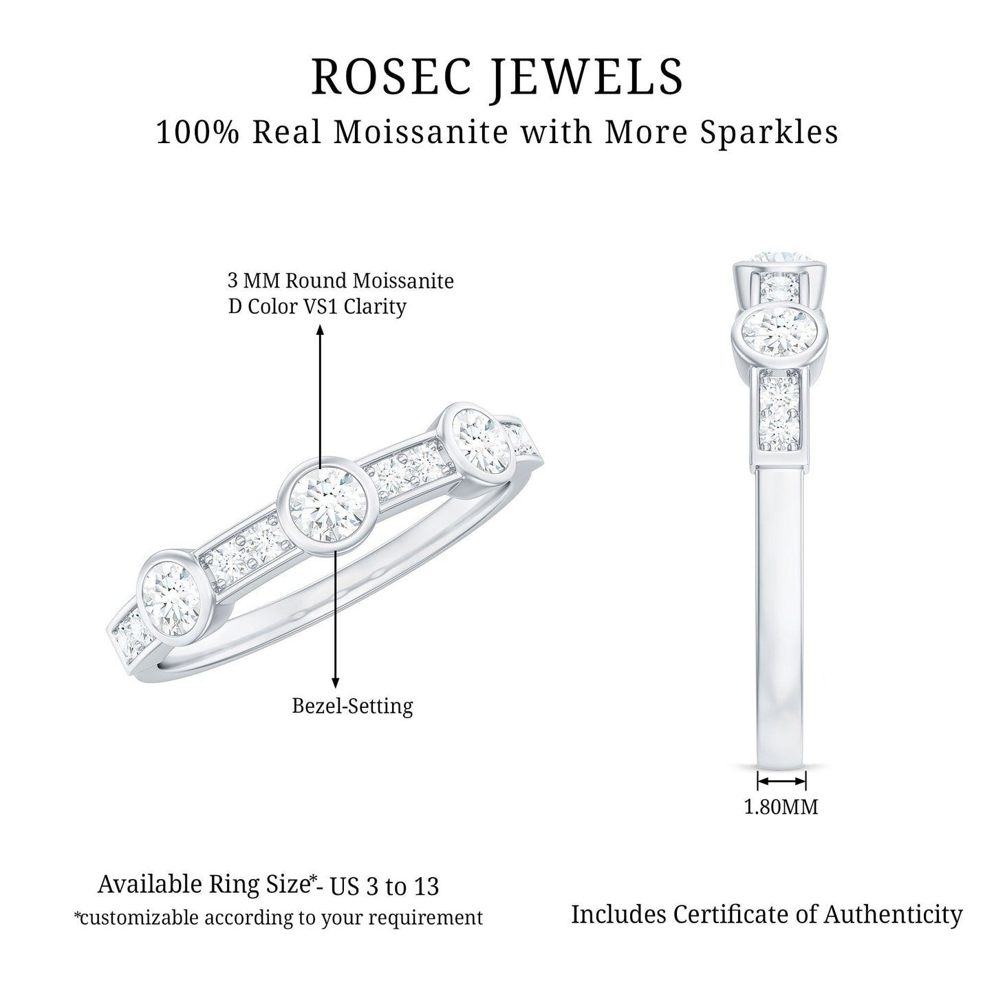 Certified Moissanite Semi Eternity Wedding Band Ring