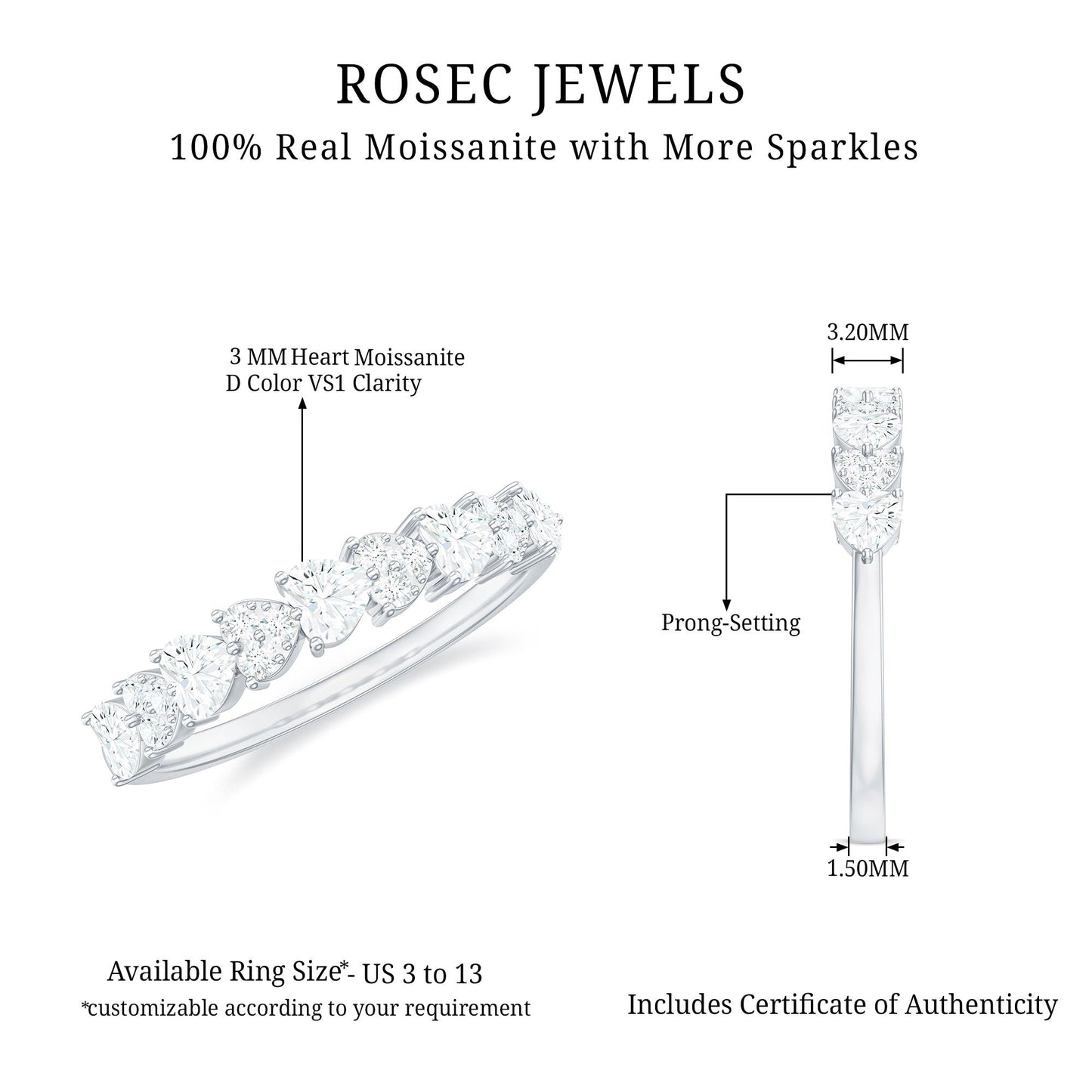 Heart Shaped Moissanite Half Eternity Band Ring