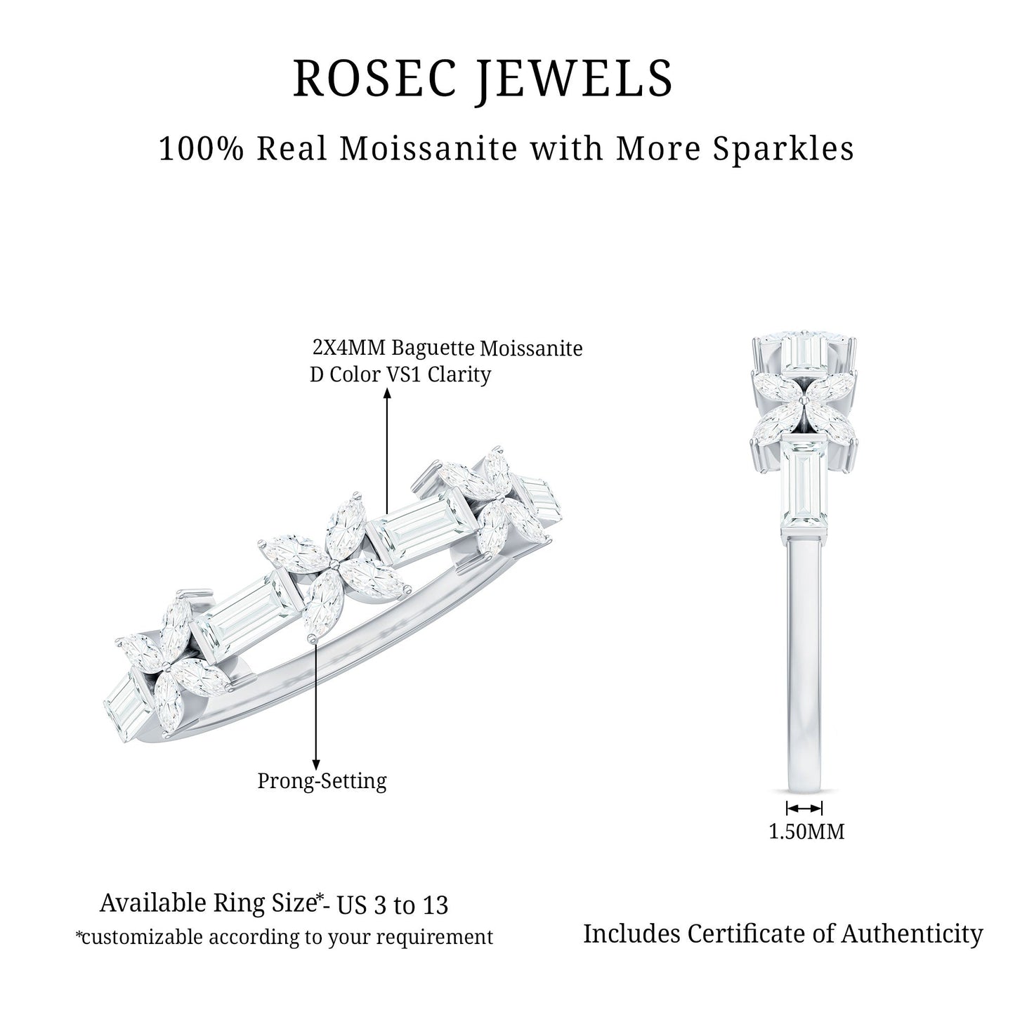 Moissanite Flower Wedding Band Ring with Certificate
