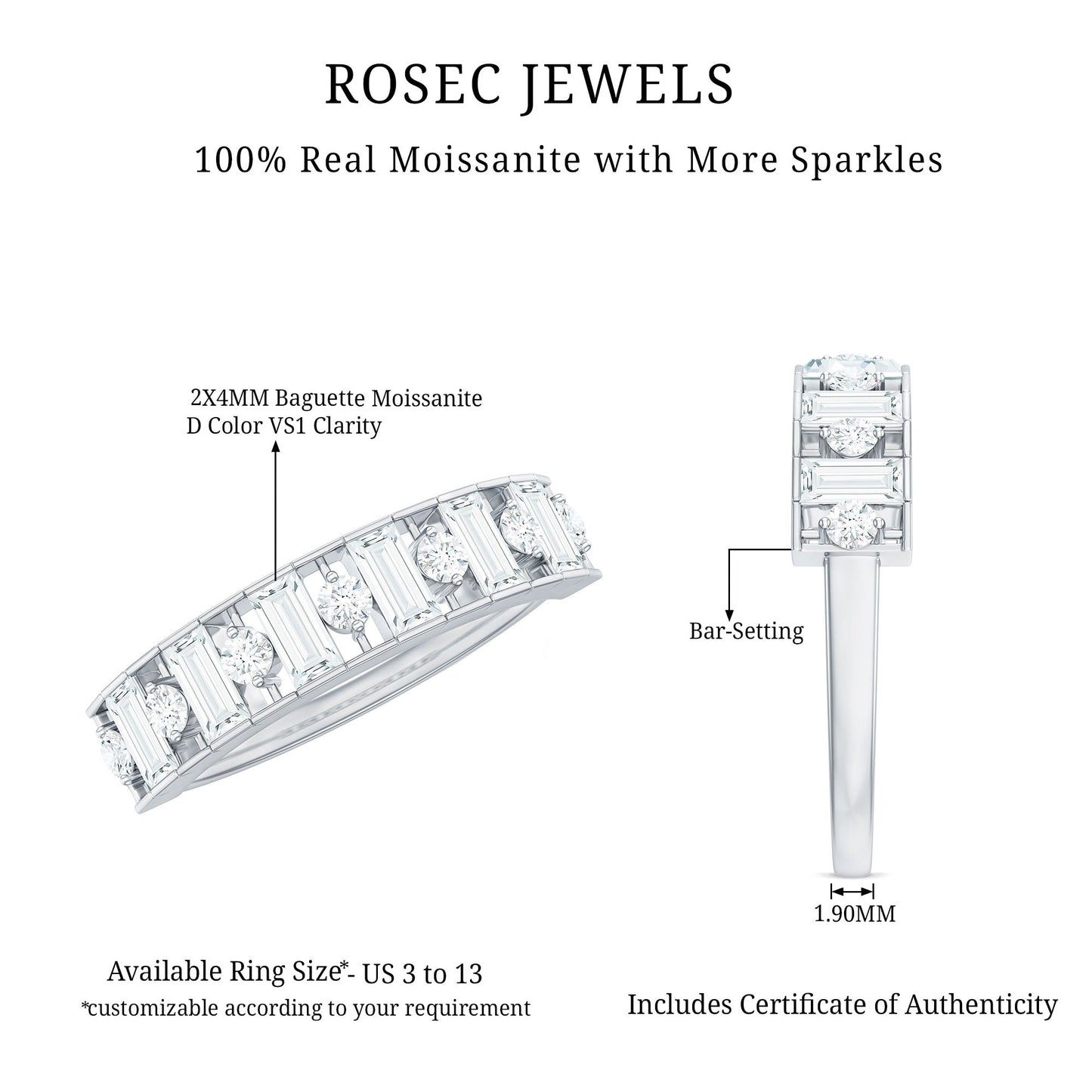 Baguette and Round Cut Moissanite Stackable Eternity Band