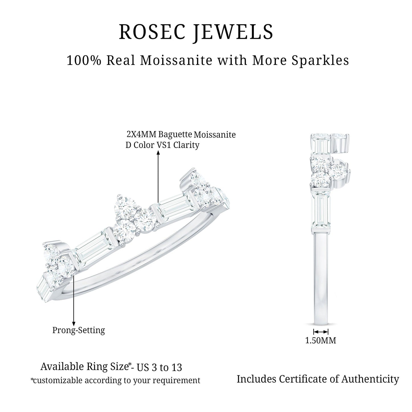 Certified Baguette and Round Moissanite Half Eternity Ring