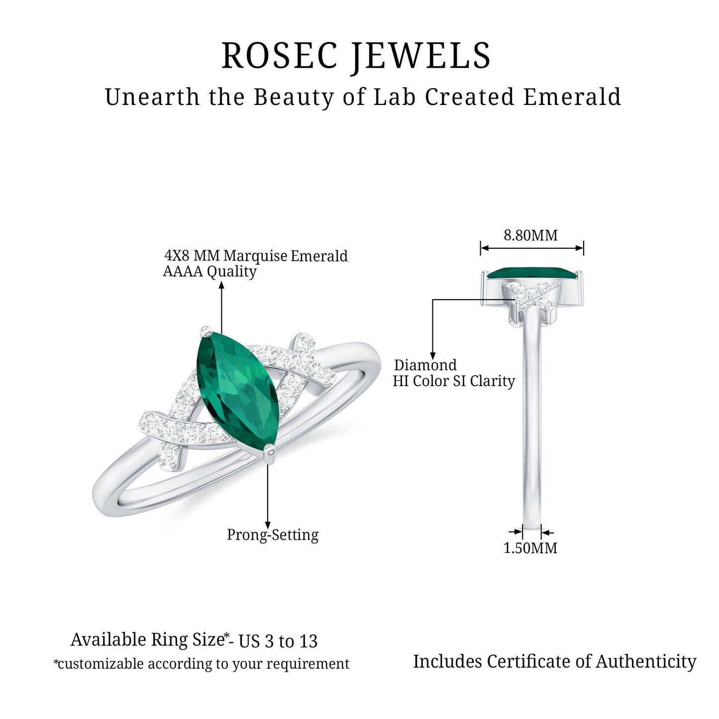 Designer Lab Grown Emerald Marquise Engagement Ring with Diamond
