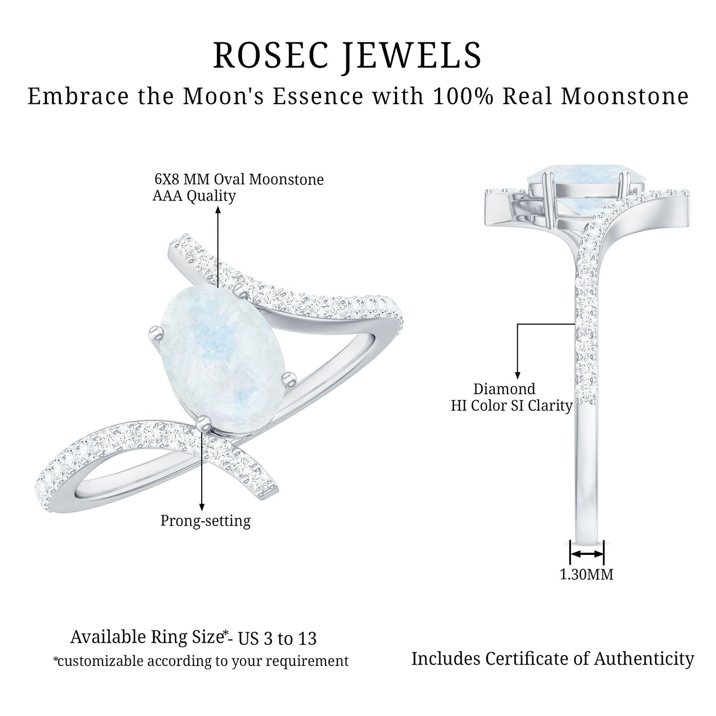 Oval Moonstone and Diamond Bypass Engagement Ring