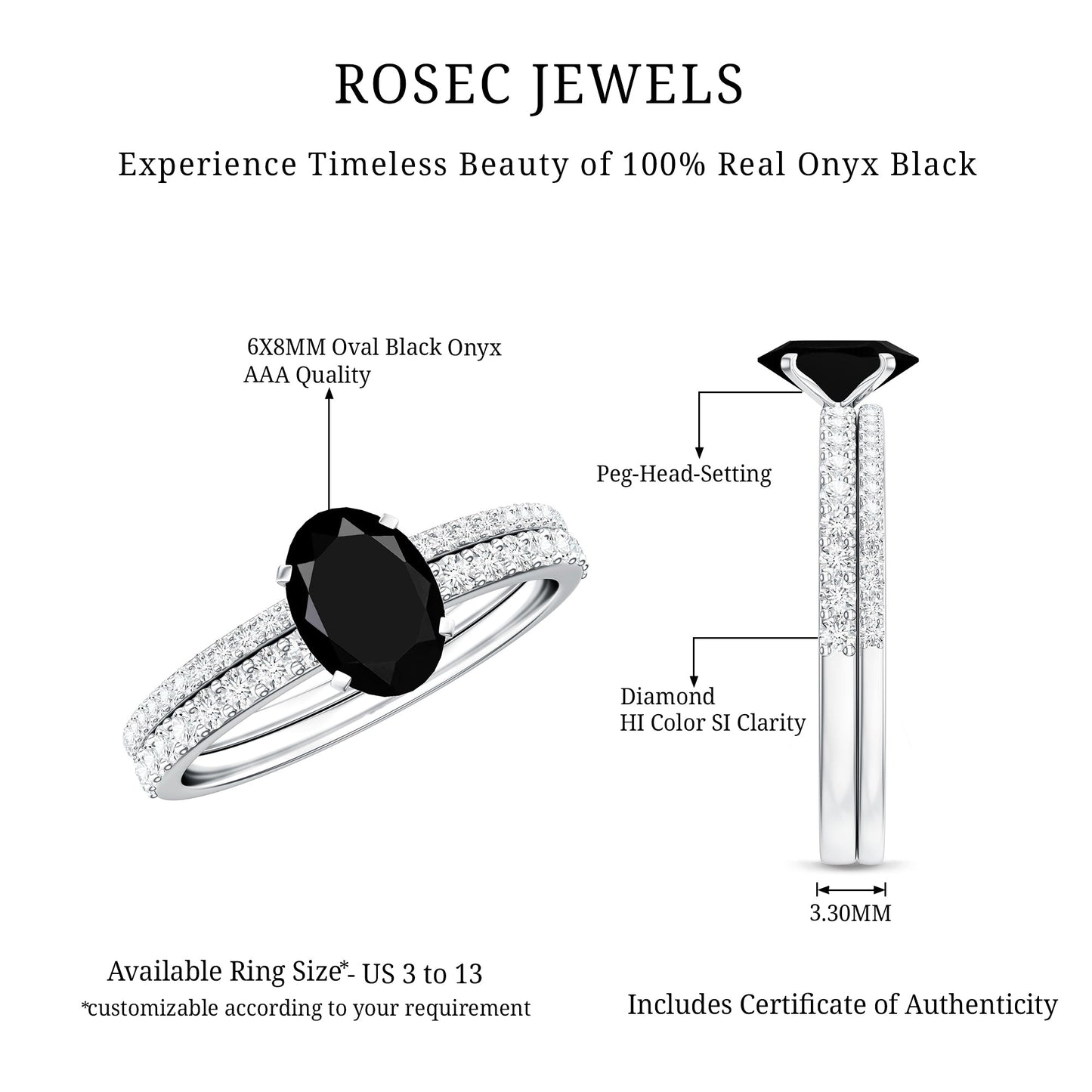 1 Carat Oval Cut Black Onyx Solitaire Rings Set with Diamond Wedding Band