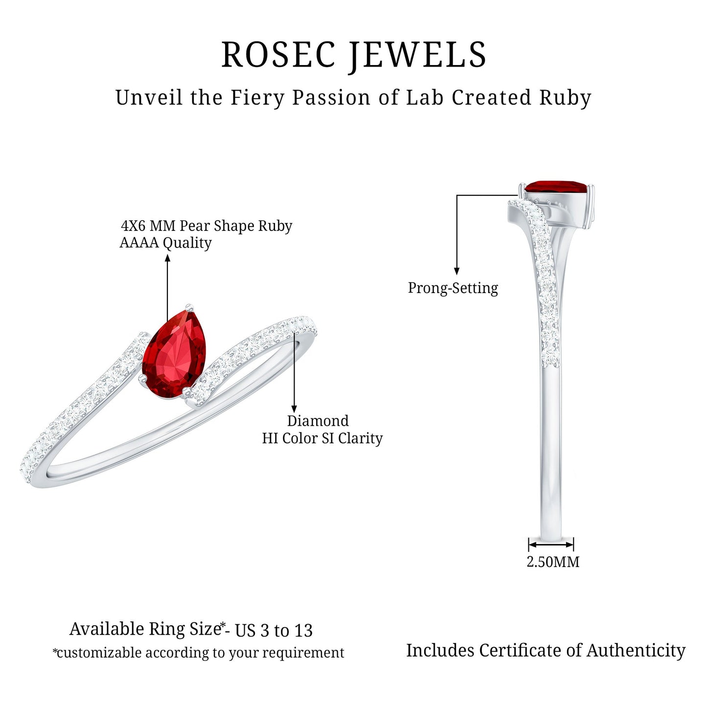 Pear Shape Lab Grown Ruby and Diamond Bypass Promise Ring
