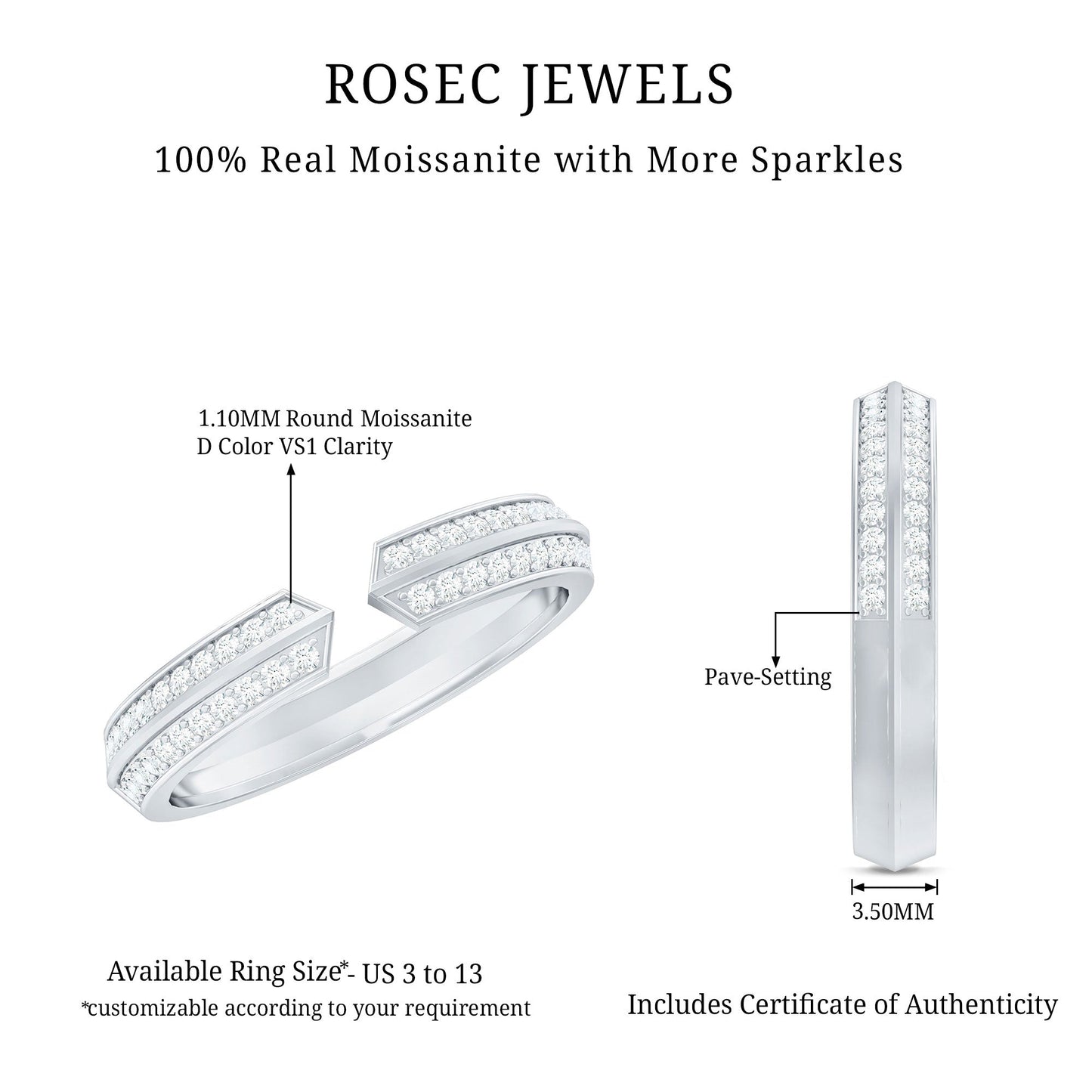 Certified Moissanite Open Cuff Ring for Women