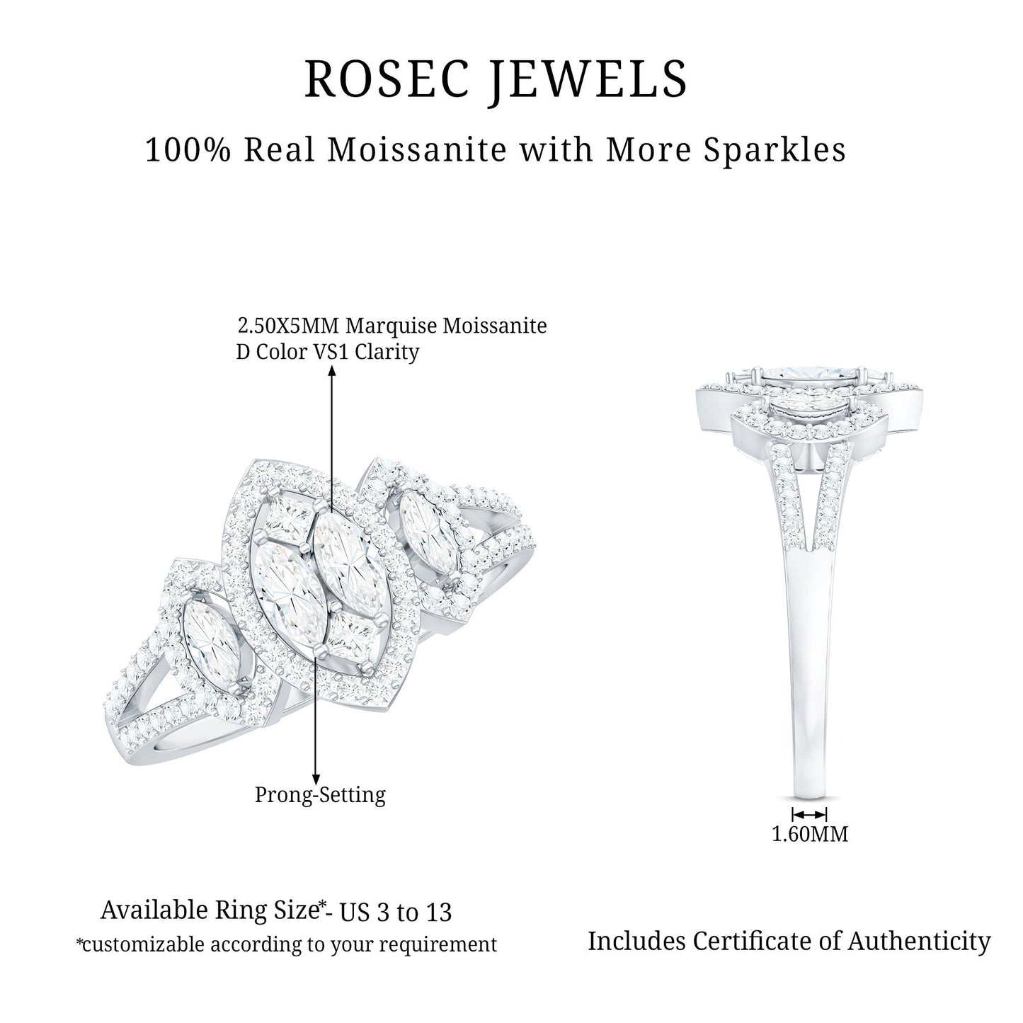 Certified Moissanite Unique Engagement Ring in Split Shank
