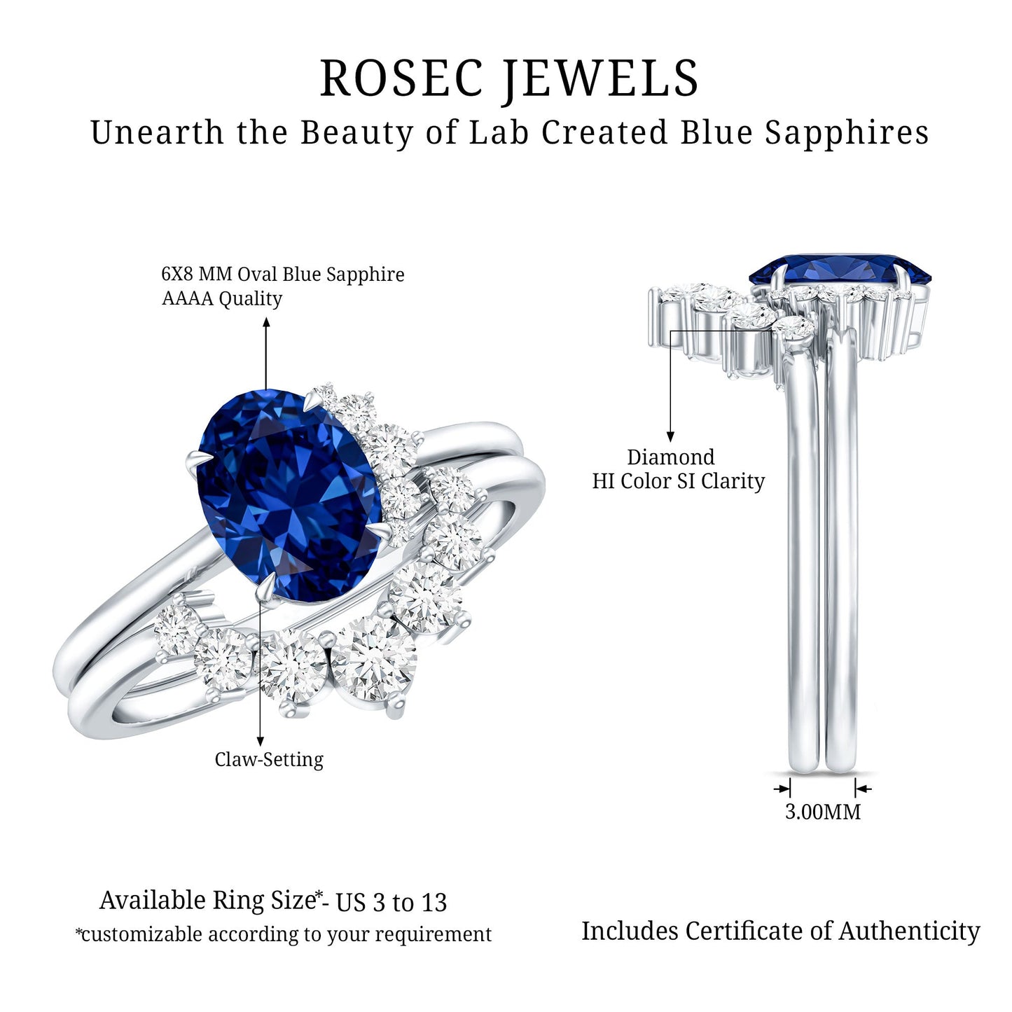 Certified 1.5 Carat Lab Grown Blue Sapphire Diamond Oval Engagement Ring with Enhancer
