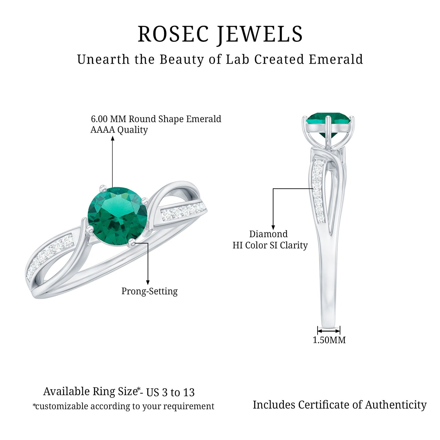 Certified Lab Grown Emerald Diamond Engagement Ring with Infinity Shank