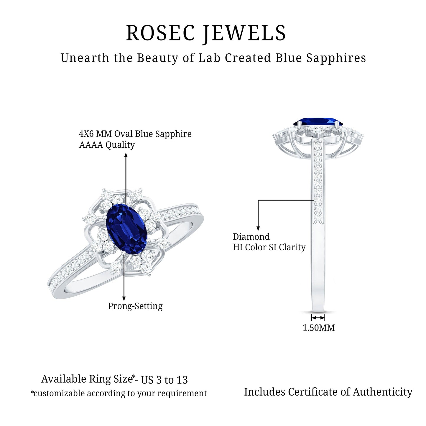Vintage Style Created Blue Sapphire and Diamond Flower Engagement Ring