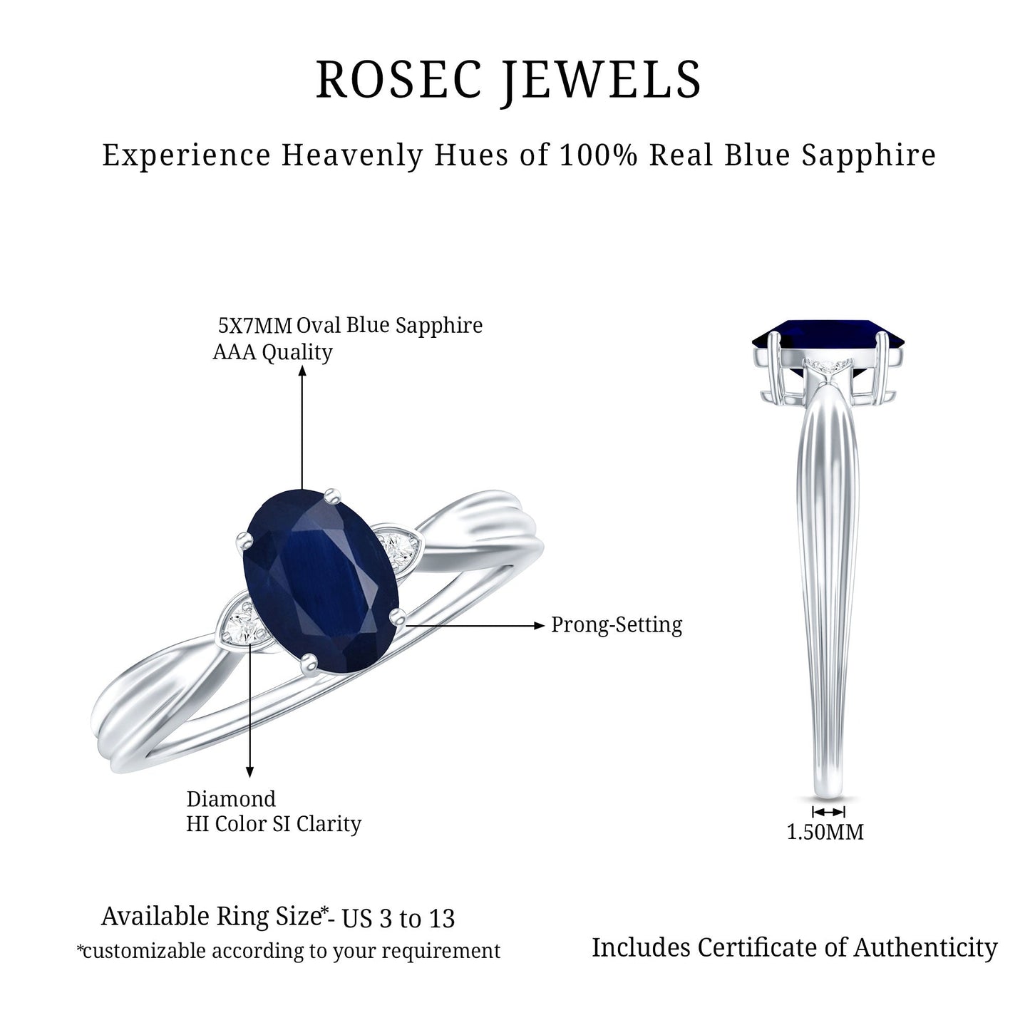 Oval Shape Real Blue Sapphire Solitaire Ring with Diamond