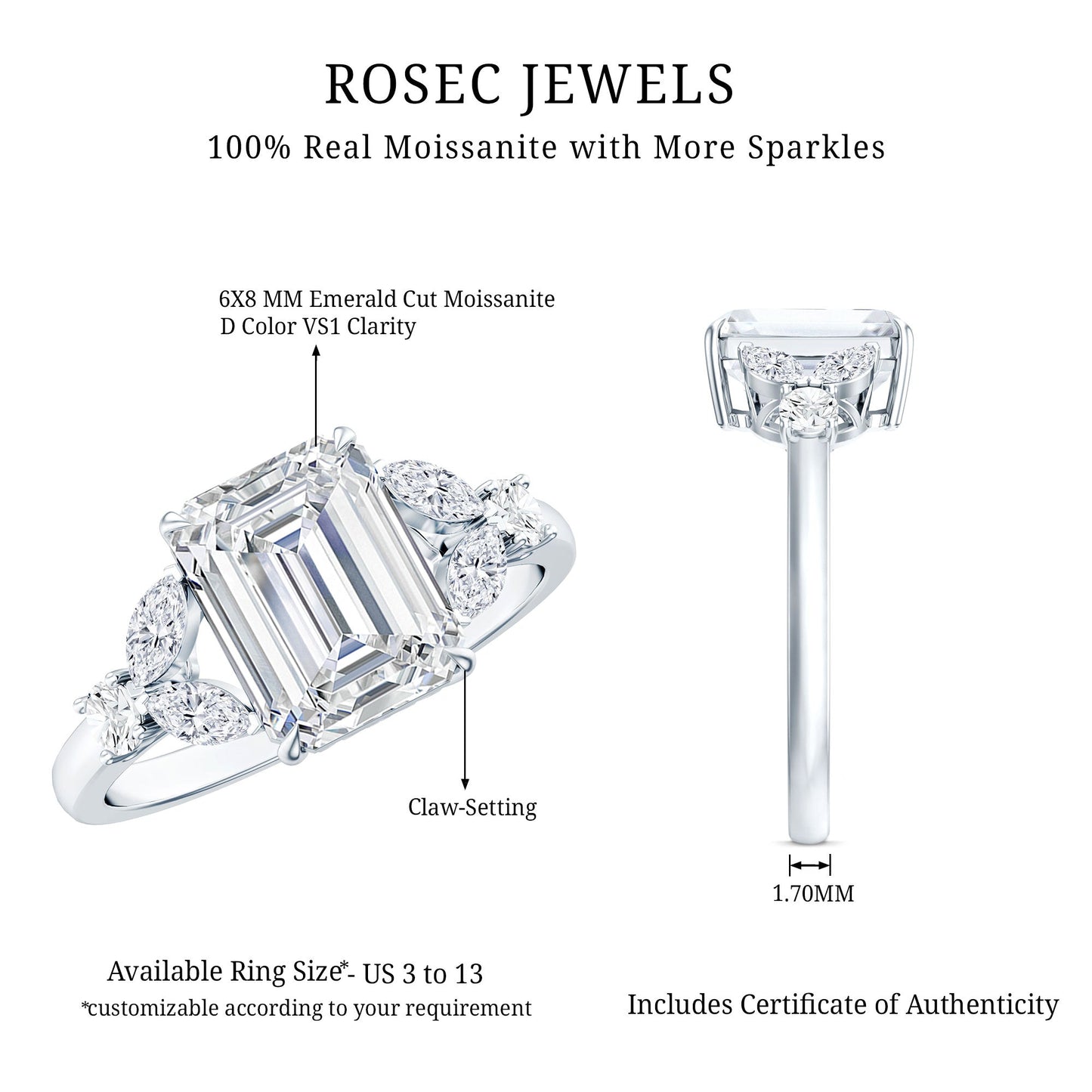 Claw Set Emerald Cut Moissanite Designer Engagement Ring