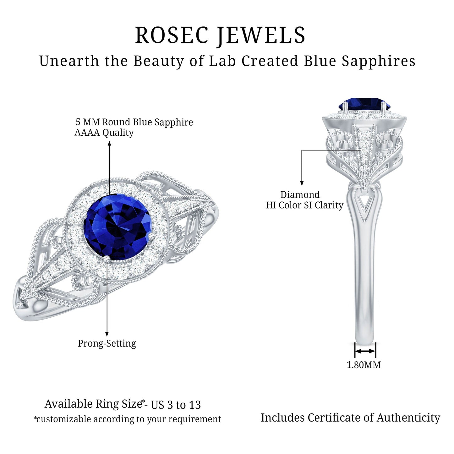 Certified 0.6 Carat Lab Grown Blue Sapphire Retro Engagement Ring with Diamond