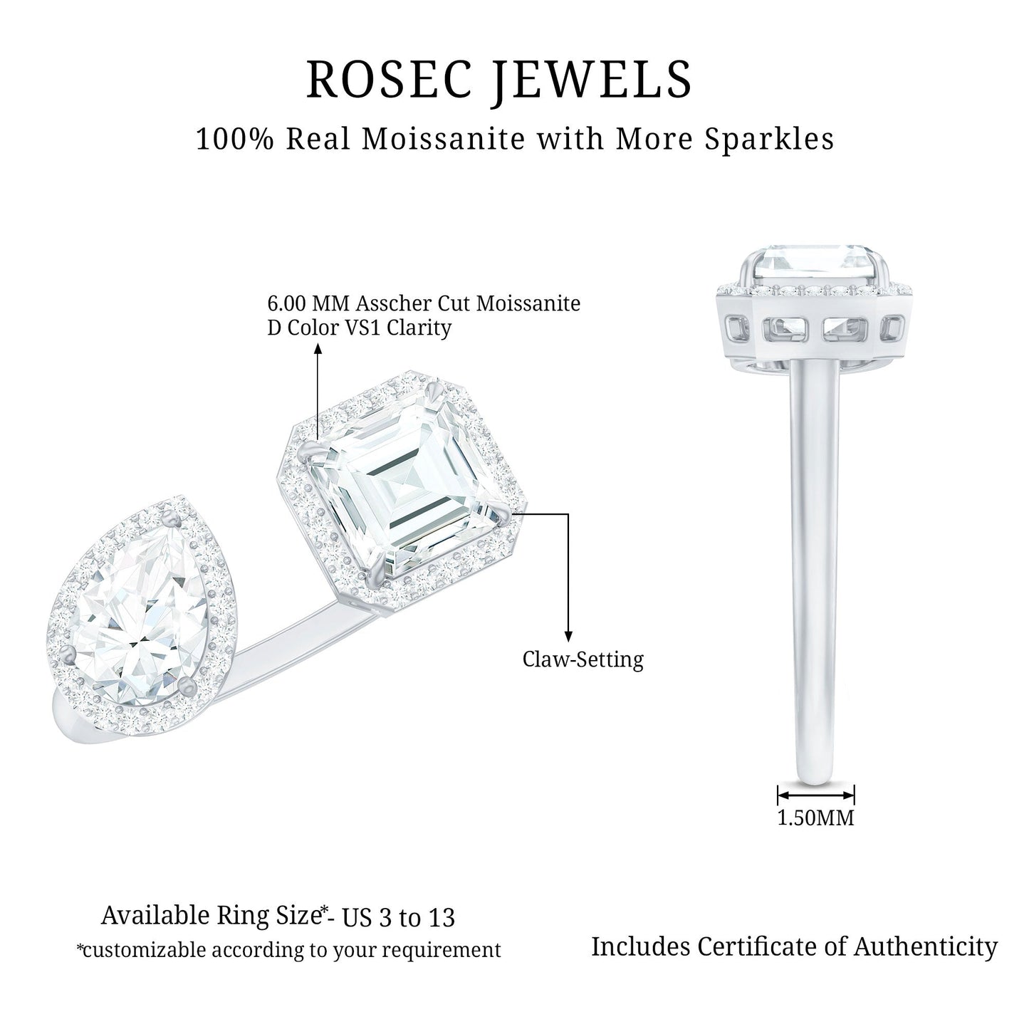 Asscher and Pear Cut Moissanite Two Stone Engagement Ring