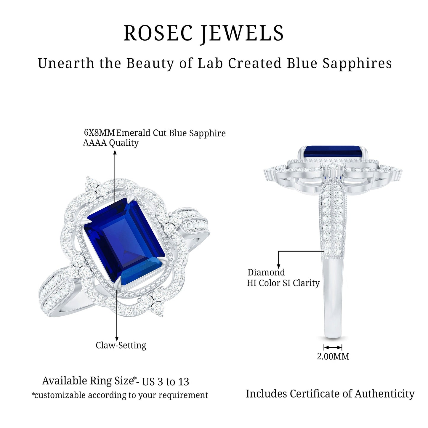 Certified 1.75 Carat Emerald Cut Lab Grown Blue Sapphire Retro Engagement Ring with Diamond