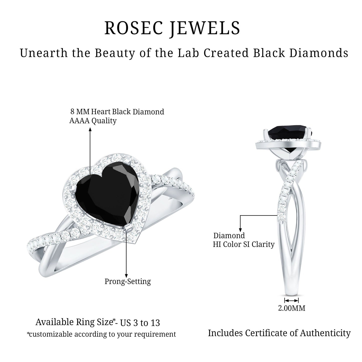 2.4 Carat Lab Grown Black and White Diamond Heart Engagement Ring with Halo