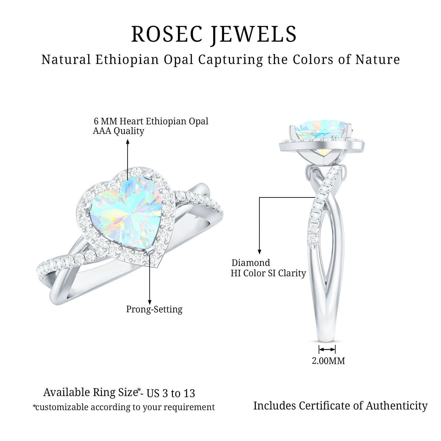 Natural Ethiopian Opal Heart Engagement Ring with Diamond Crossover Shank