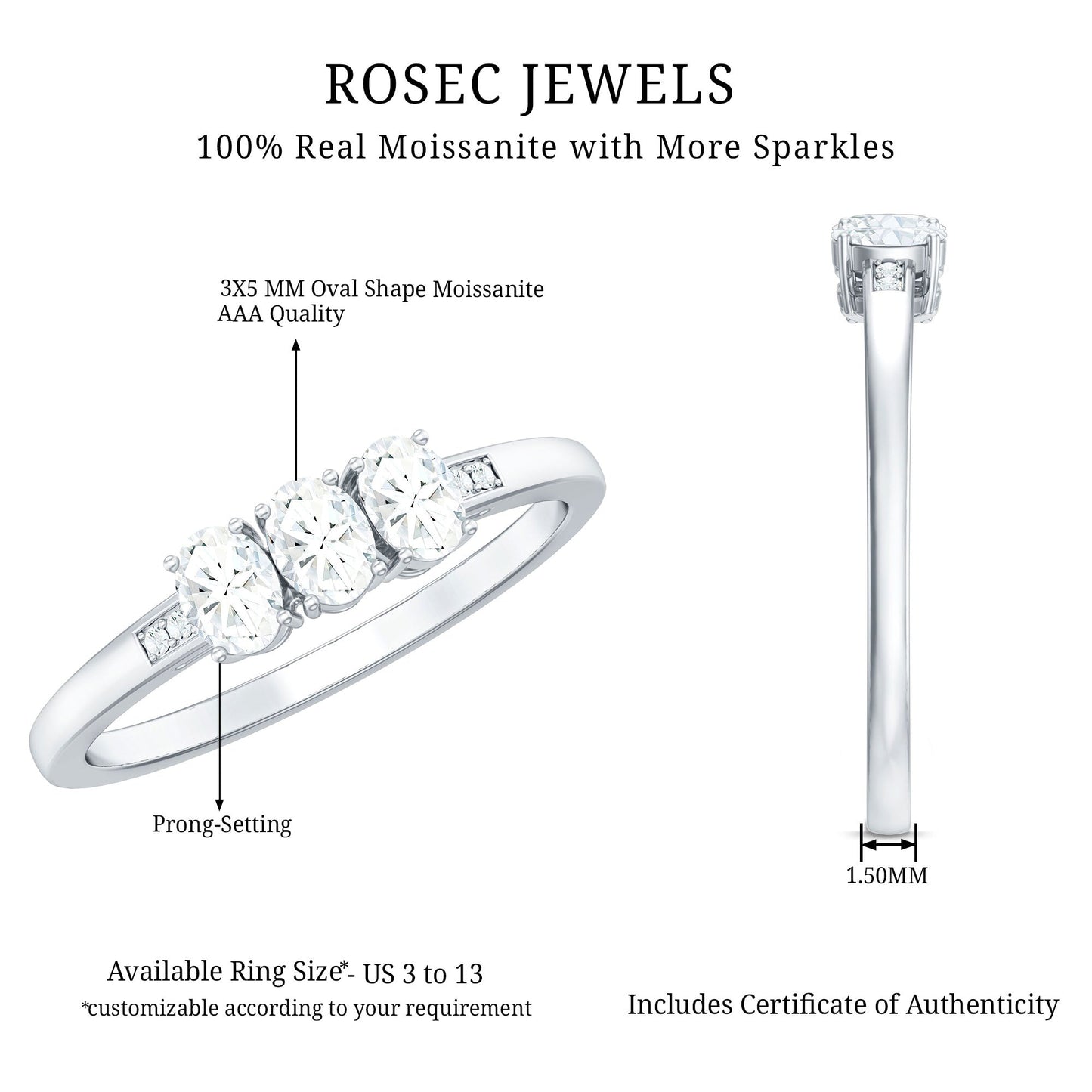 Oval Shaped Moissanite Three Stone Ring for Women