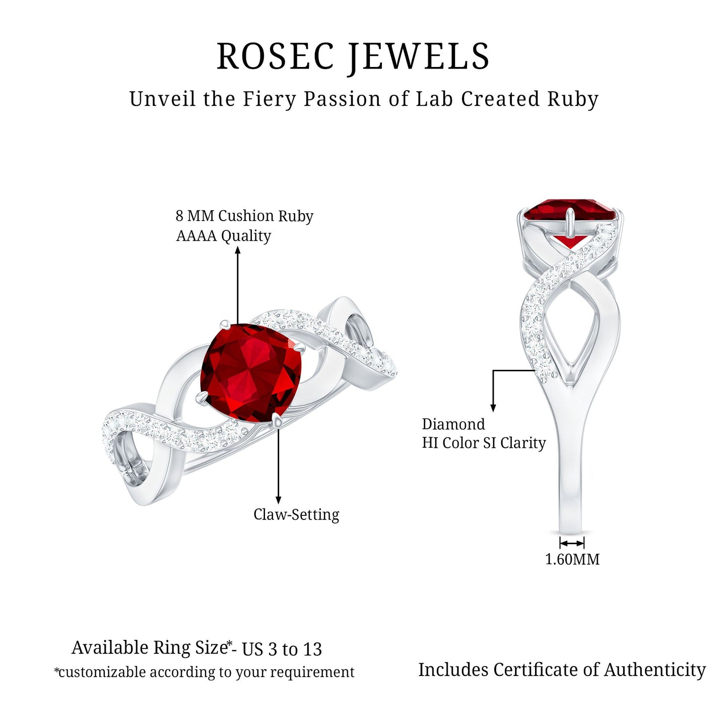 Cushion Cut Lab Grown Ruby and Diamond Crossover Engagement Ring
