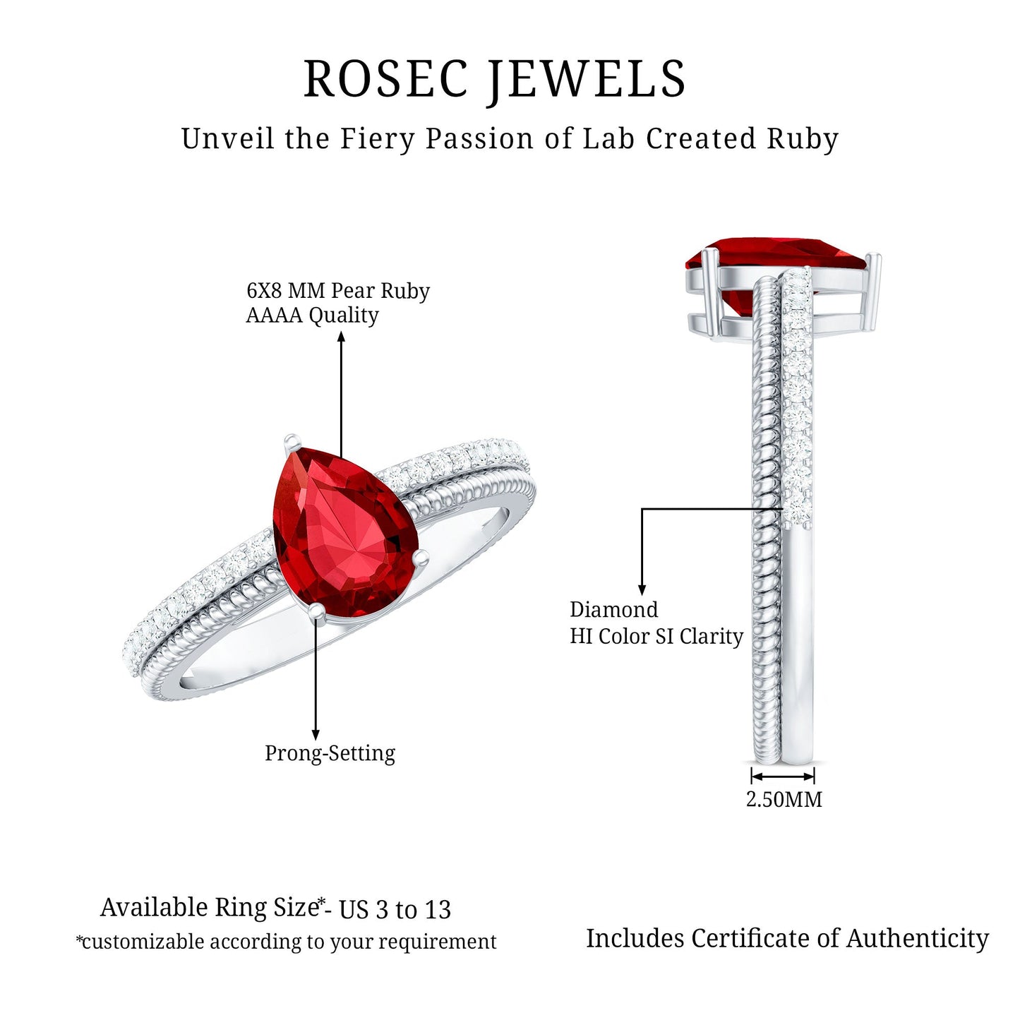 Solitaire Lab Grown Ruby Teardrop Engagement Ring with Diamonds