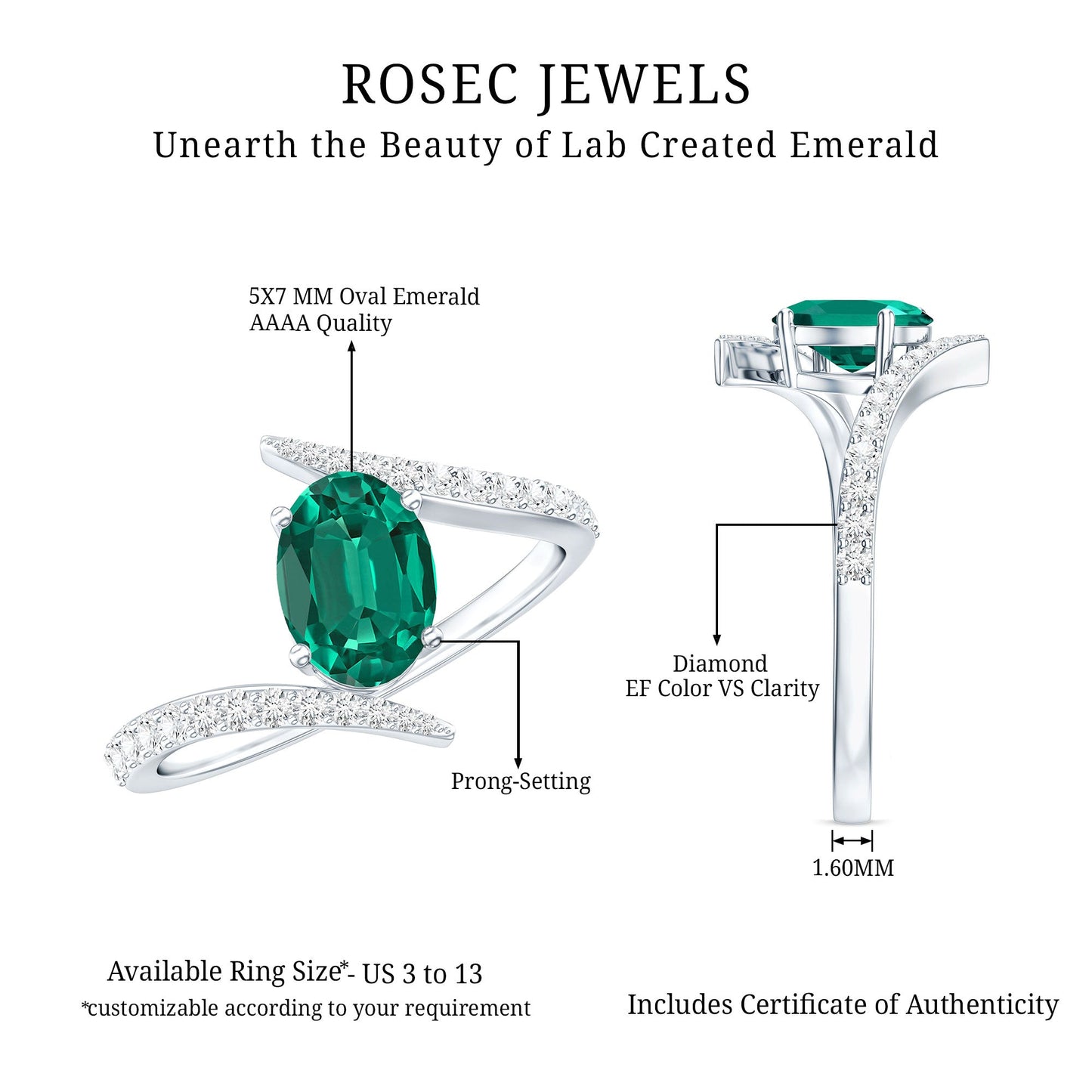 Certified 0.8 Carat Oval Cut Lab Grown Emerald Engagement Ring with Diamond Bypass Shank