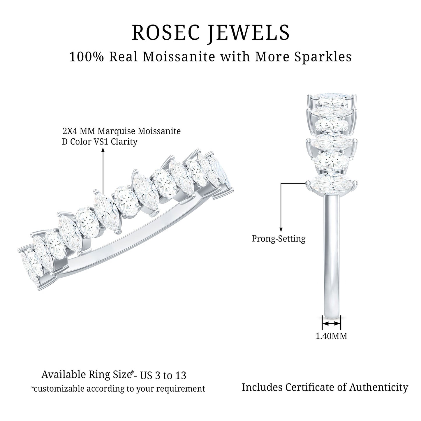 Certified Moissanite Half Eternity Wedding Band Ring