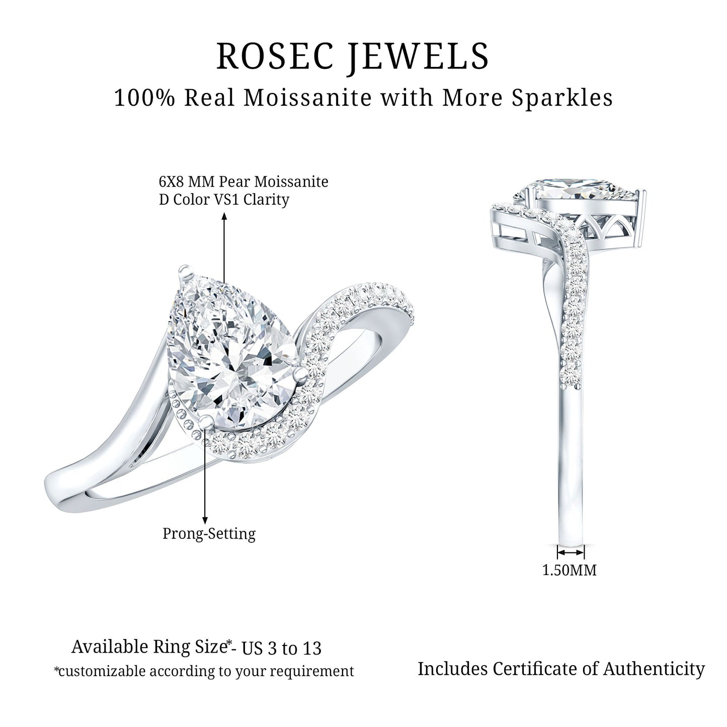 Certified Moissanite Designer Pear Shape Engagement Ring