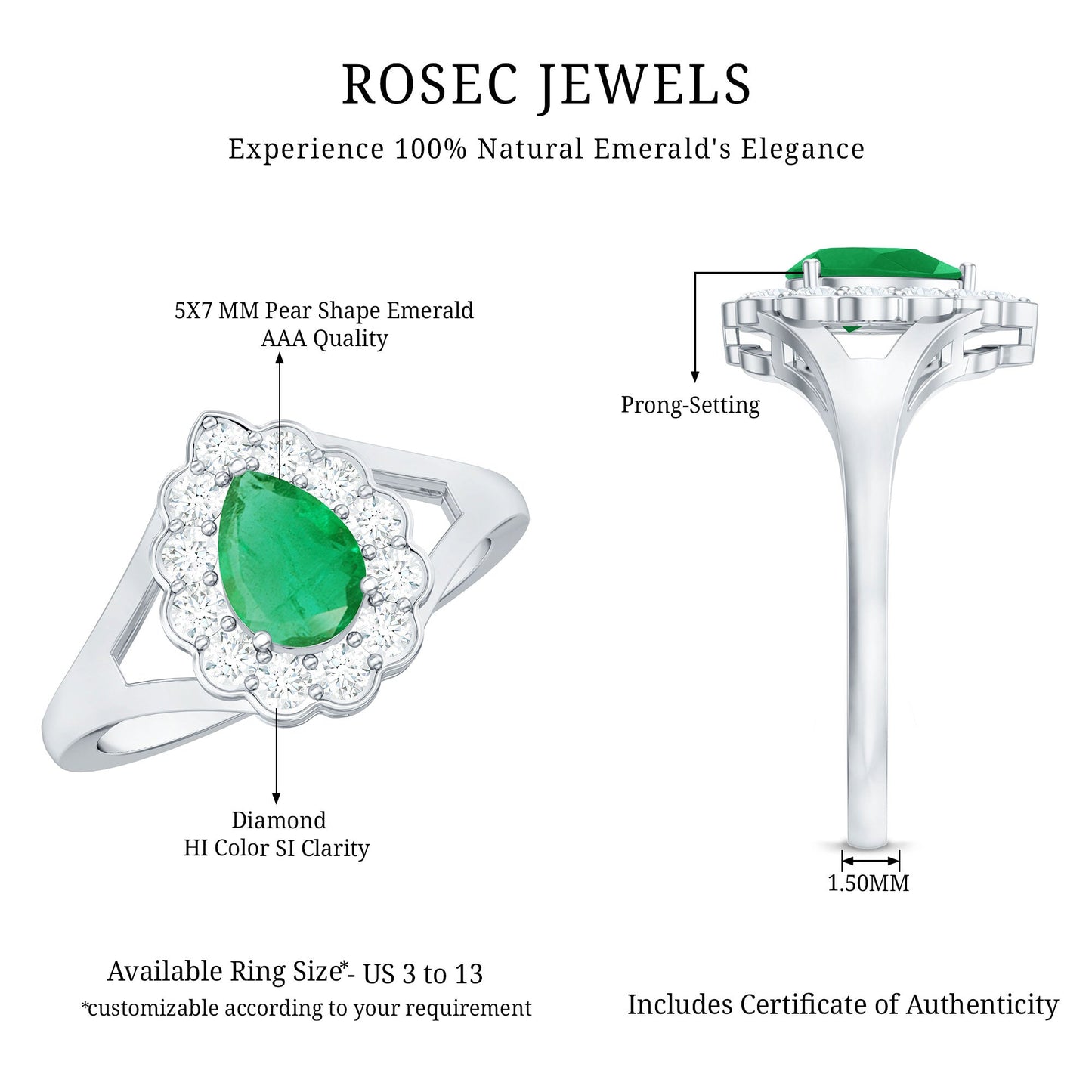 0.6 Carat Pear Cut Emerald Engagement Ring with Diamond Halo