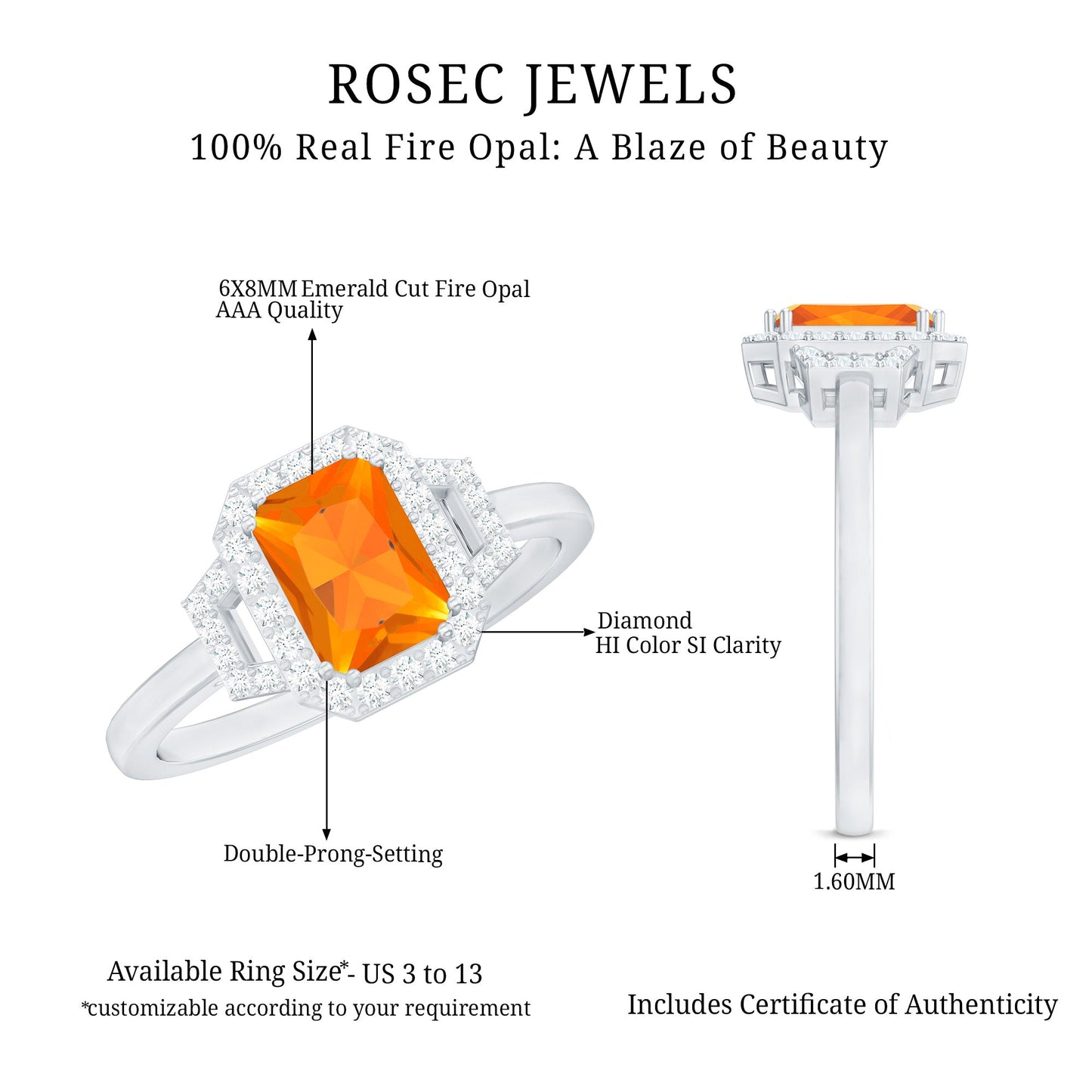 1 Carat Emerald Cut Fire Opal Engagement Ring with Diamond
