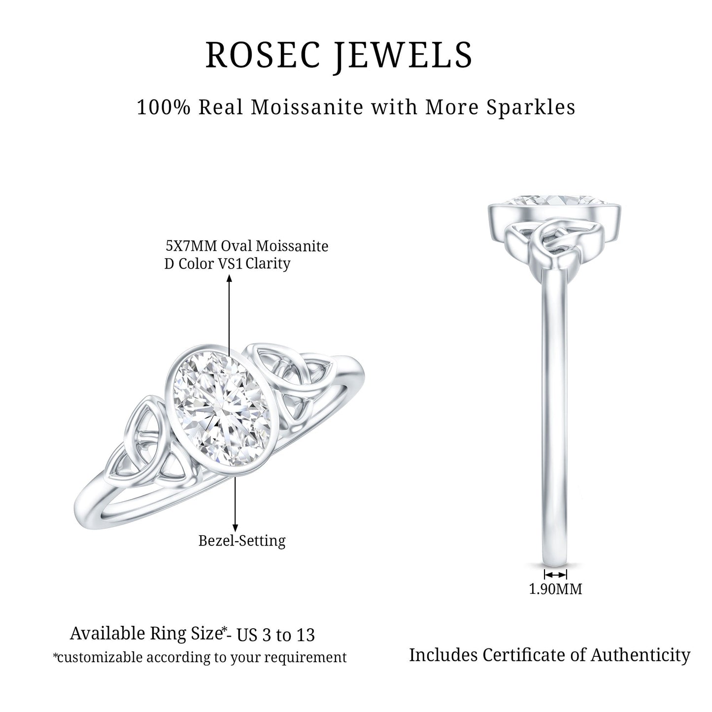 Oval Moissanite Solitaire Celtic Knot Ring in Bezel Setting