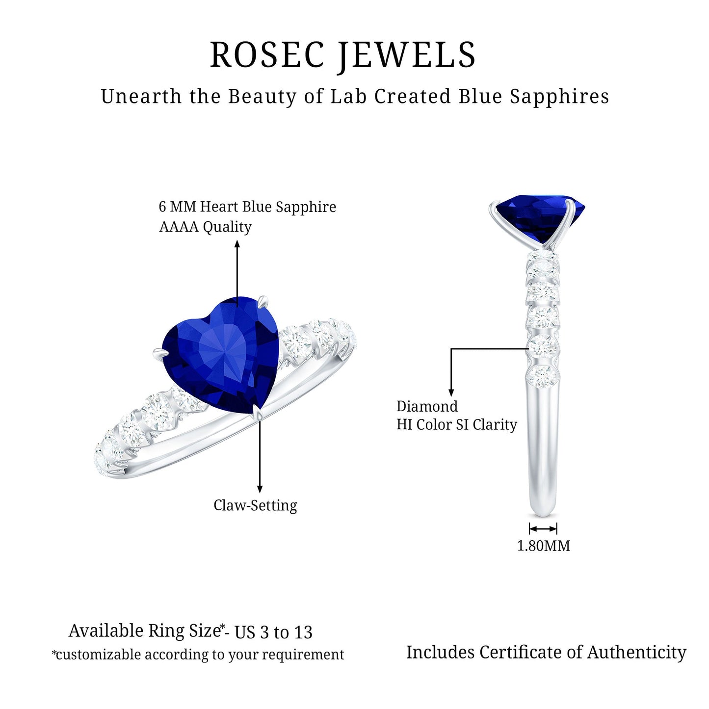 Certified 0.9 Carat Lab Created Blue Sapphire Heart Engagement Ring with Diamond
