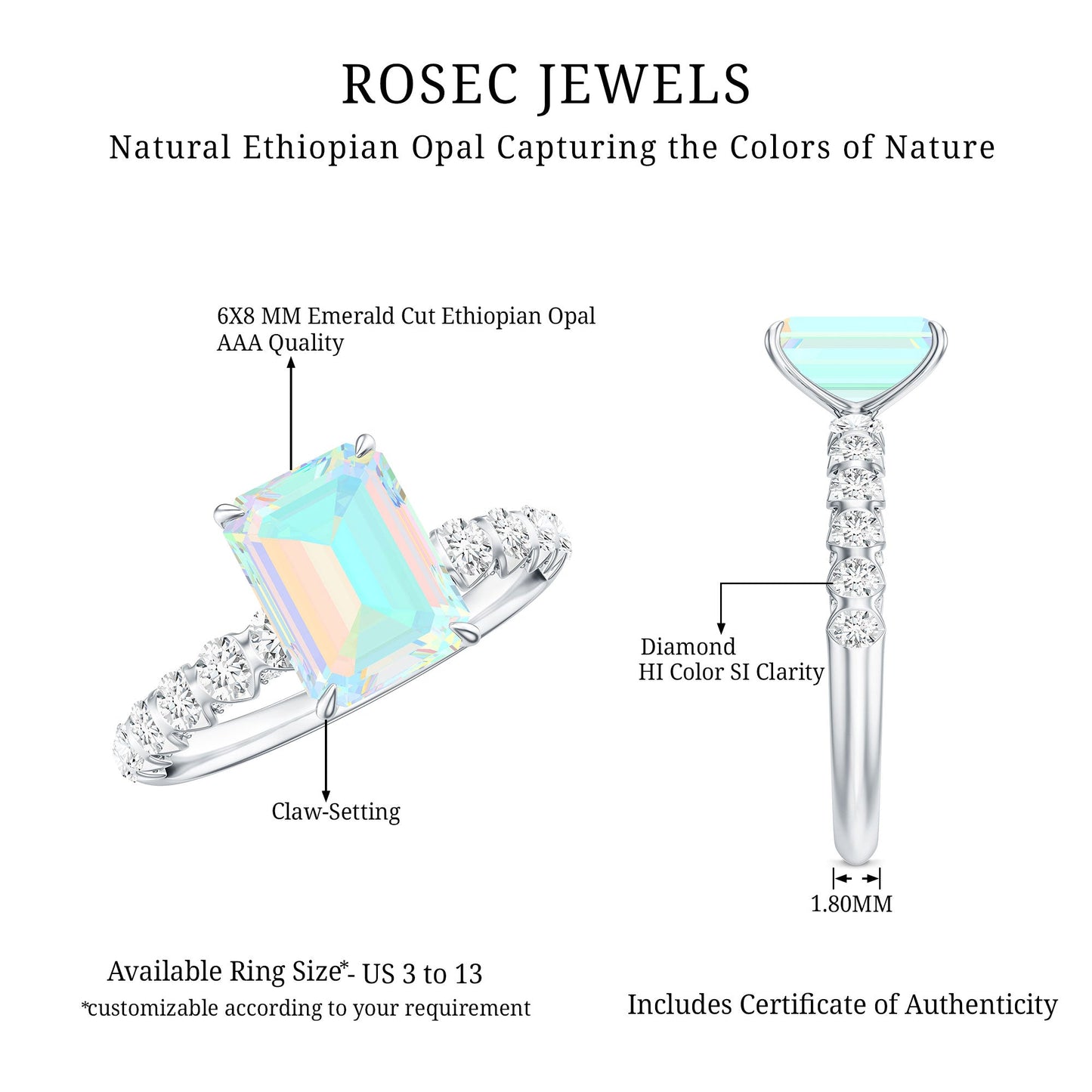 Genuine Ethiopian Opal Emerald Cut Engagement Ring with Diamond Side Stones