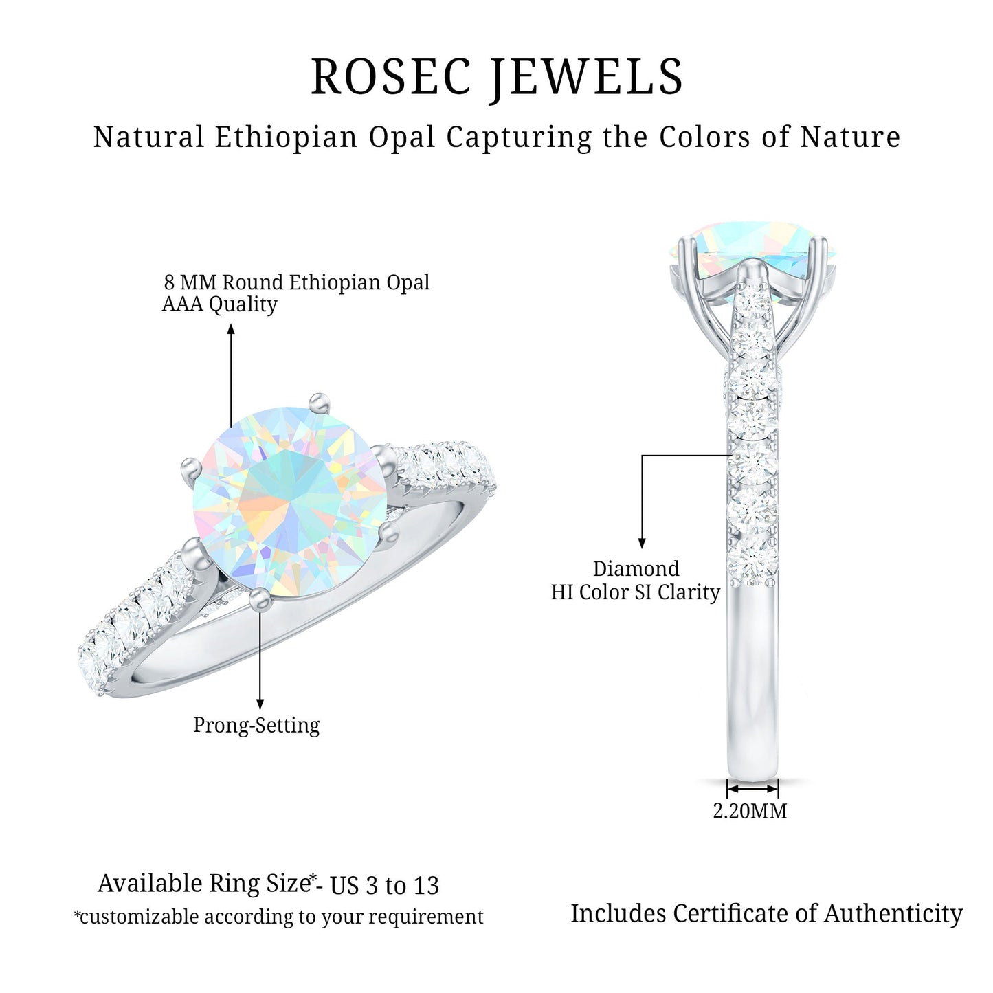 Natural 2 Carat Ethiopian Opal Diamond Engagement Ring with Side Stones