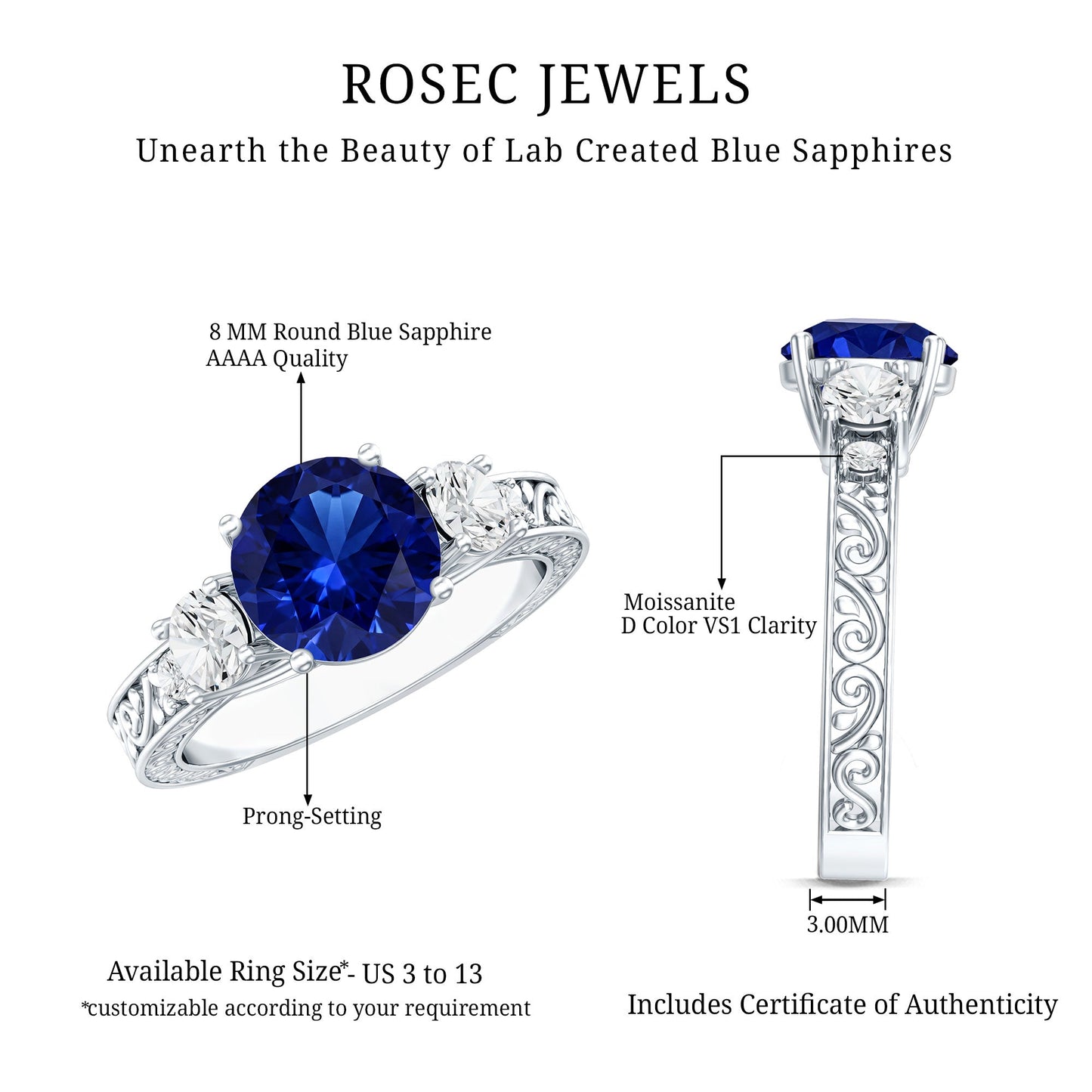 Round Created Blue Sapphire and Moissanite Art Deco Engagement Ring in Gold