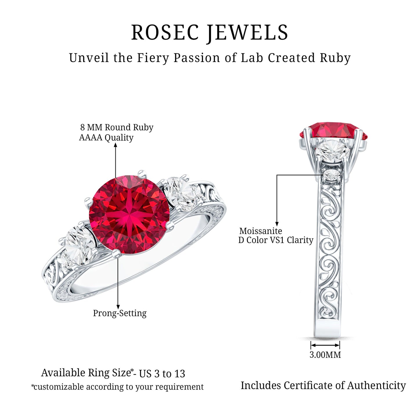Lab Made 2.3 Carat Ruby and Moissanite 3 Stone Engagement Ring With Certificate