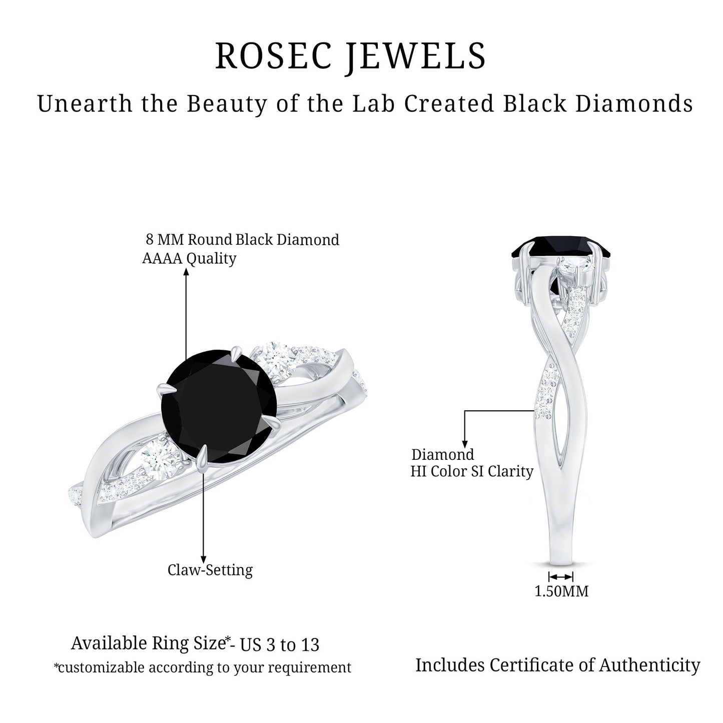 2 Carat Lab Grown Black and White Diamond Engagement Ring with Crossover Shank