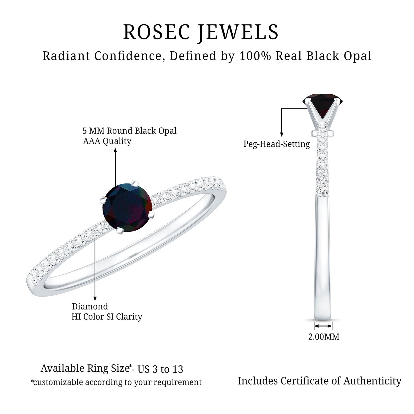0.4 Carat Round Black Opal Solitaire Engagement Ring with Diamond