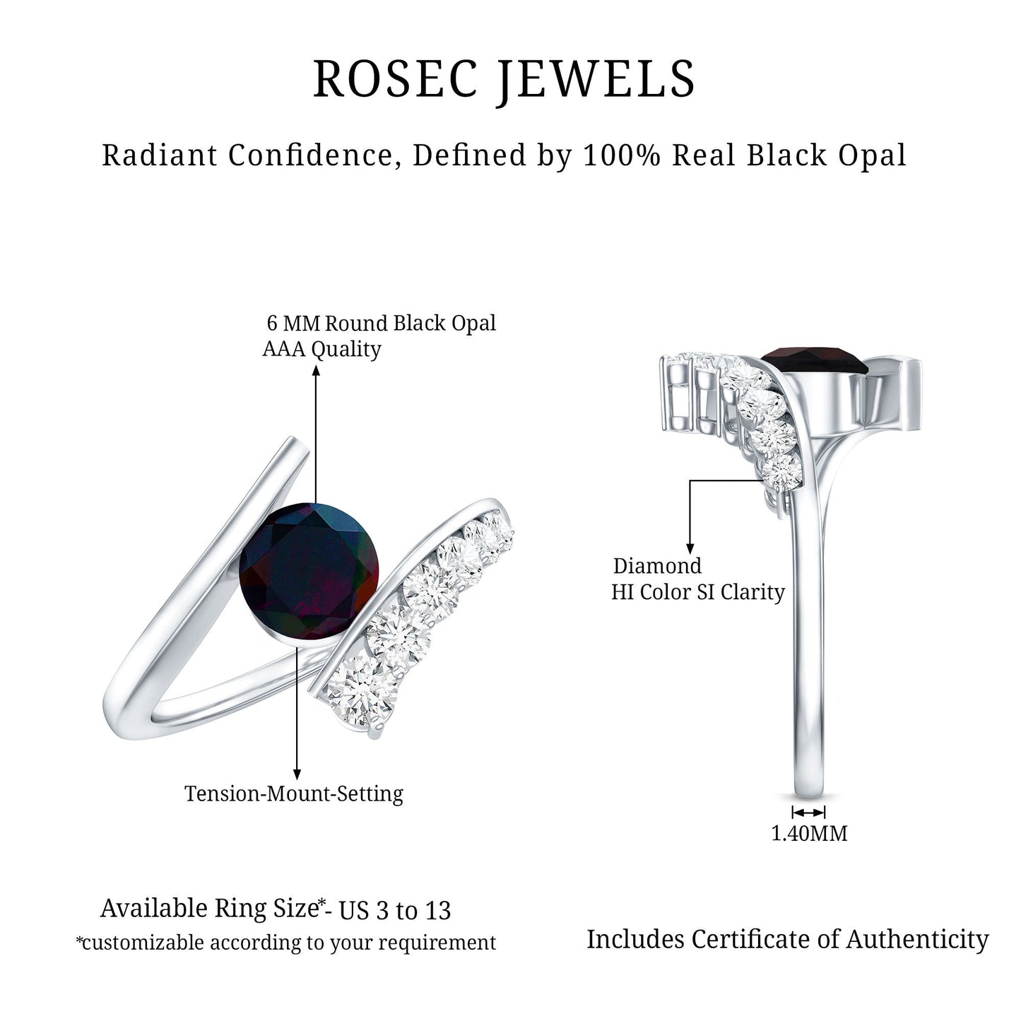 Round Black Opal Solitaire Bypass Ring with Diamond