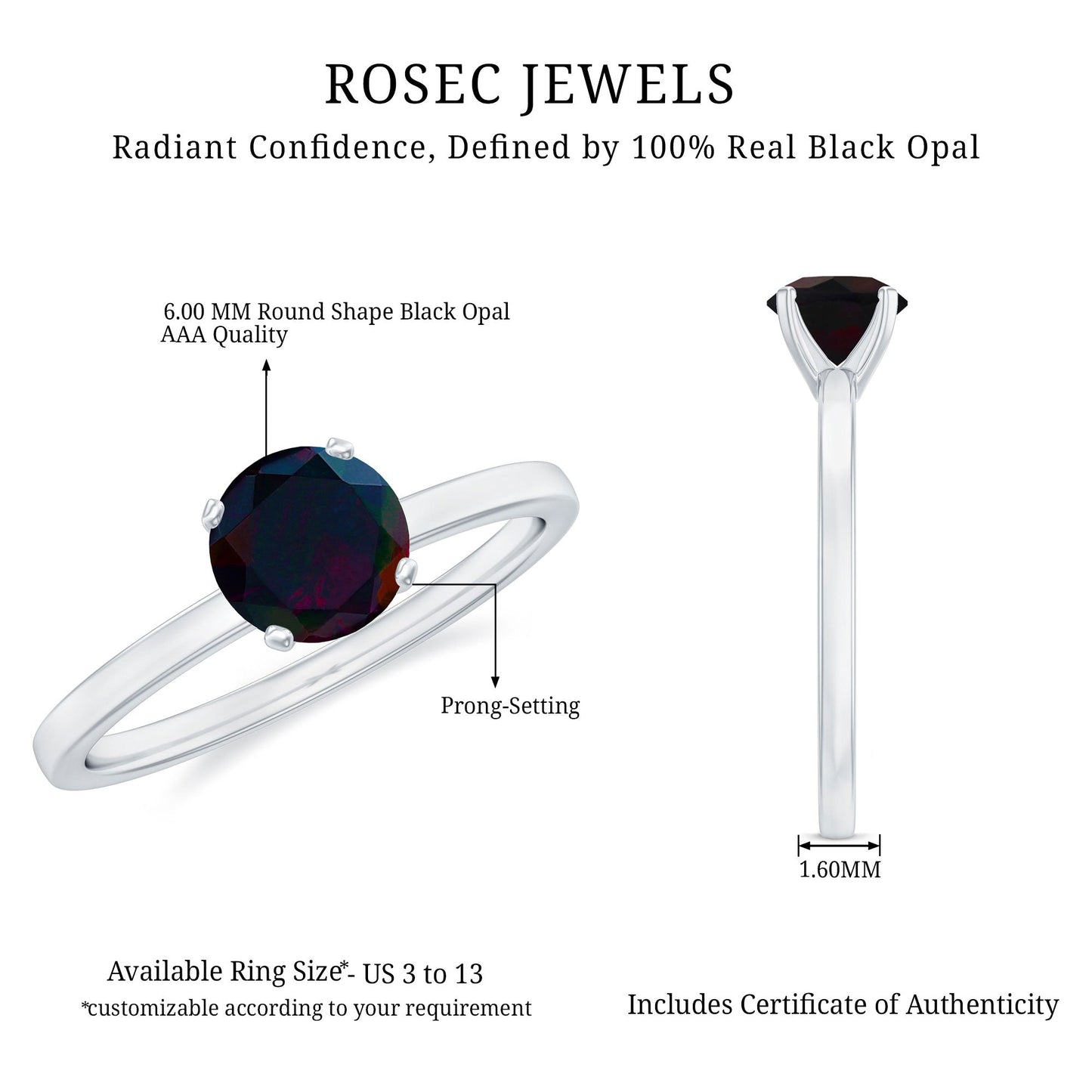 Genuine Black Opal Solitaire Ring for Women