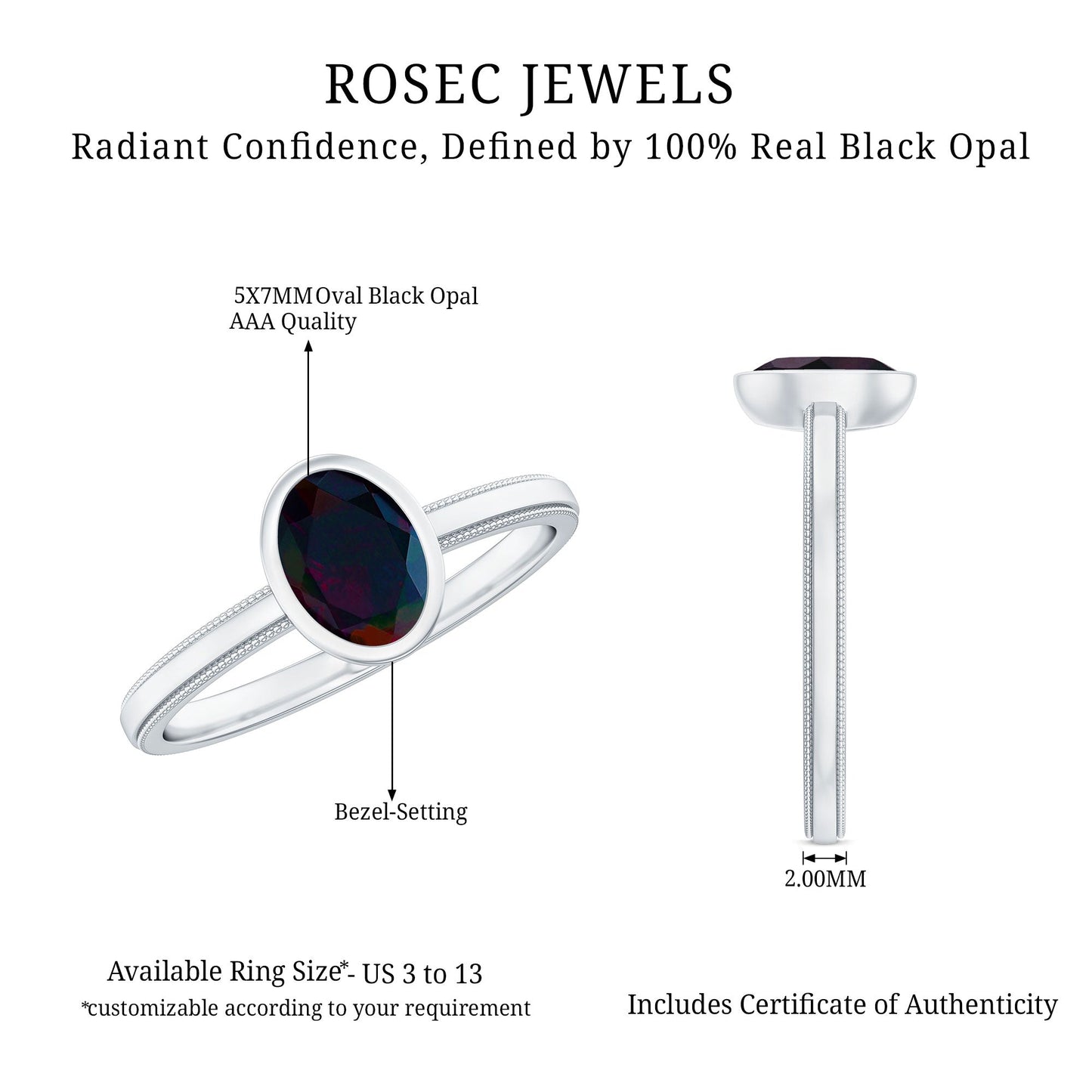 Oval Cut 0.9 Carat Black Opal Bezel Set Engagement Ring