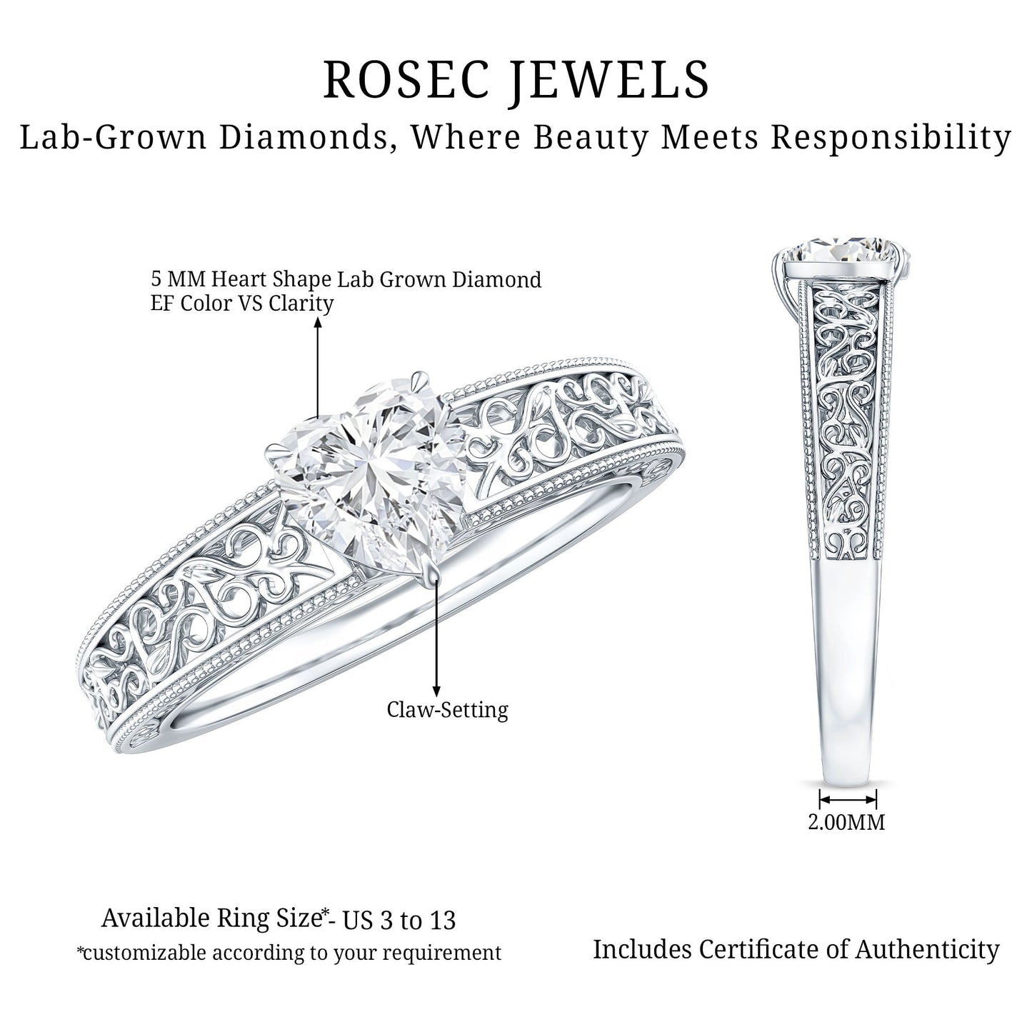 Vintage Inspired Heart Shape Lab Grown Diamond Solitaire Filigree Ring