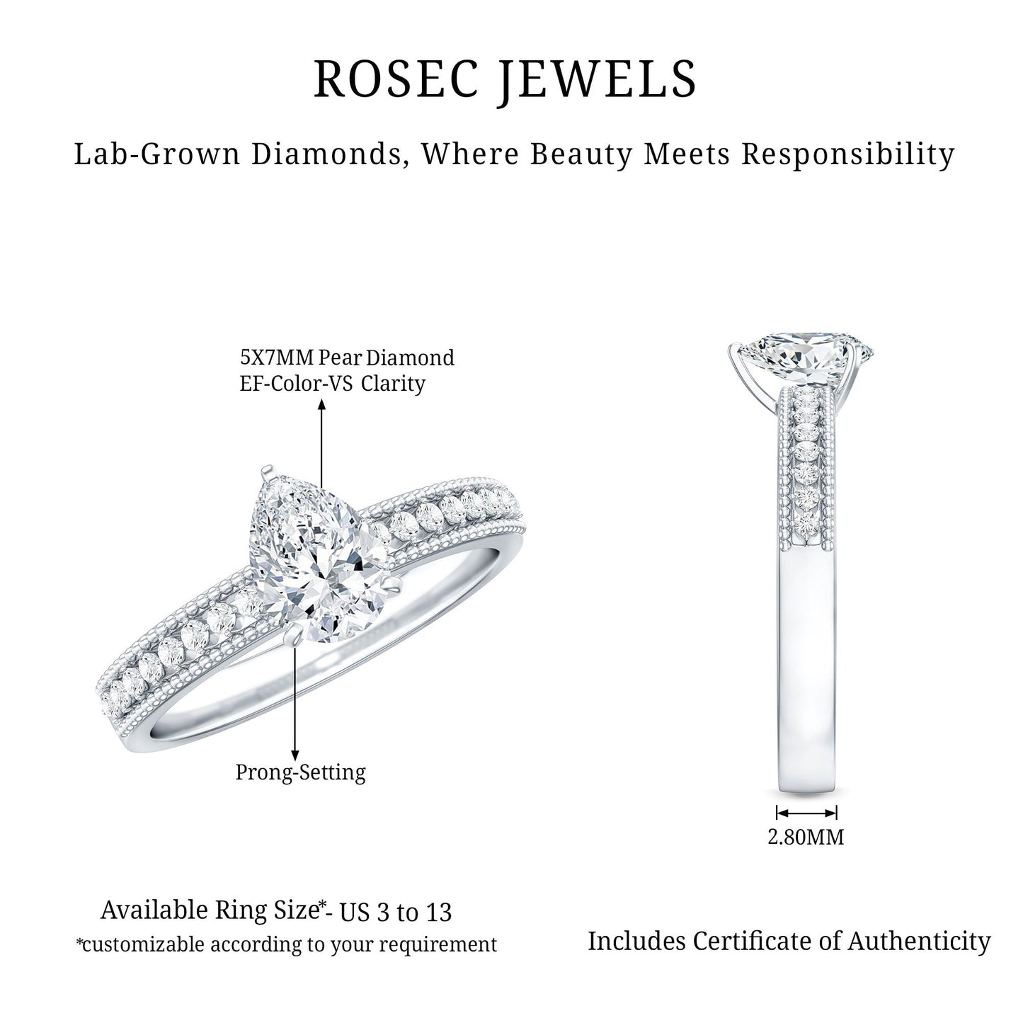 Pear Shaped Lab Grown Diamond Solitaire Engagement Ring