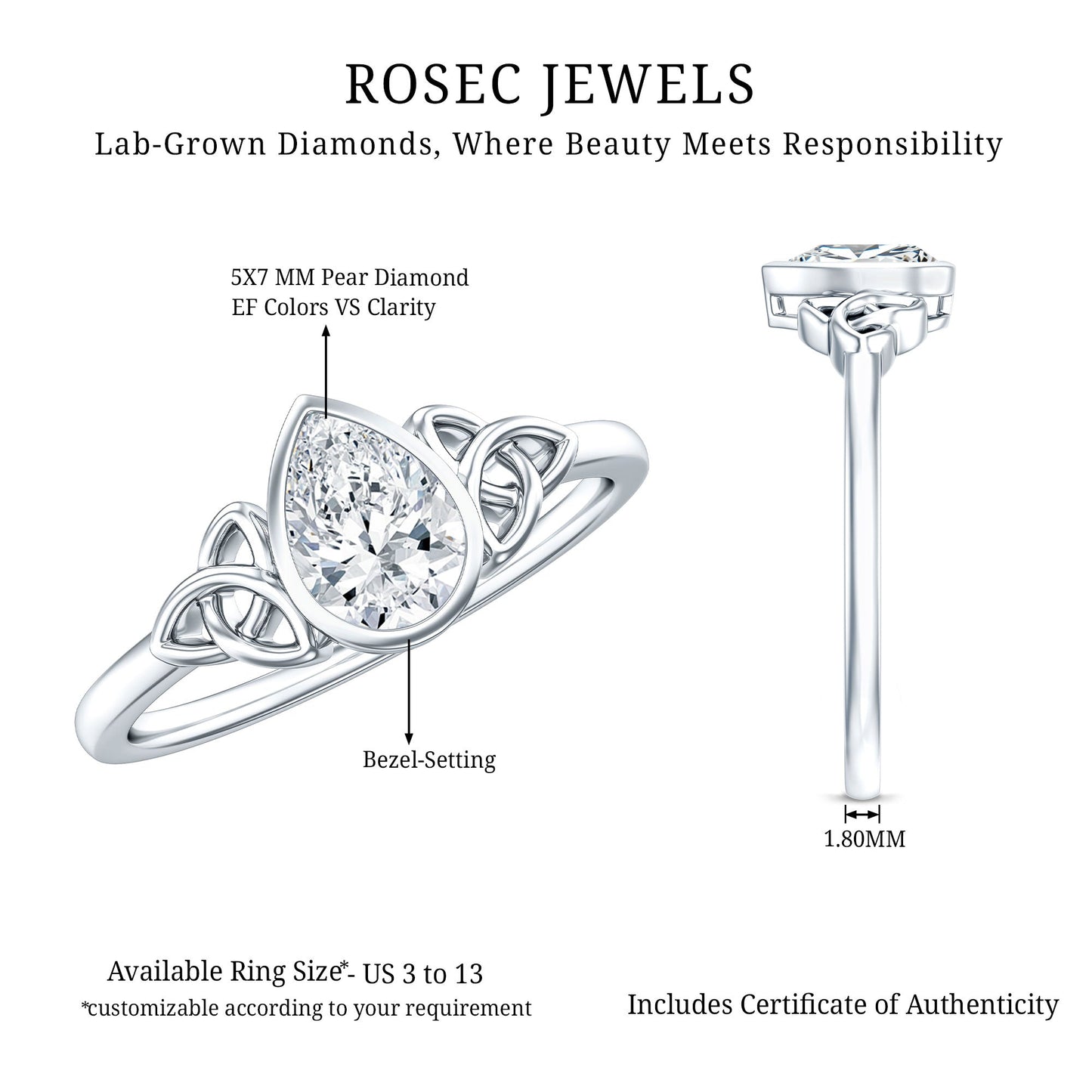 Pear Shape Lab Grown Diamond Solitaire Celtic Ring