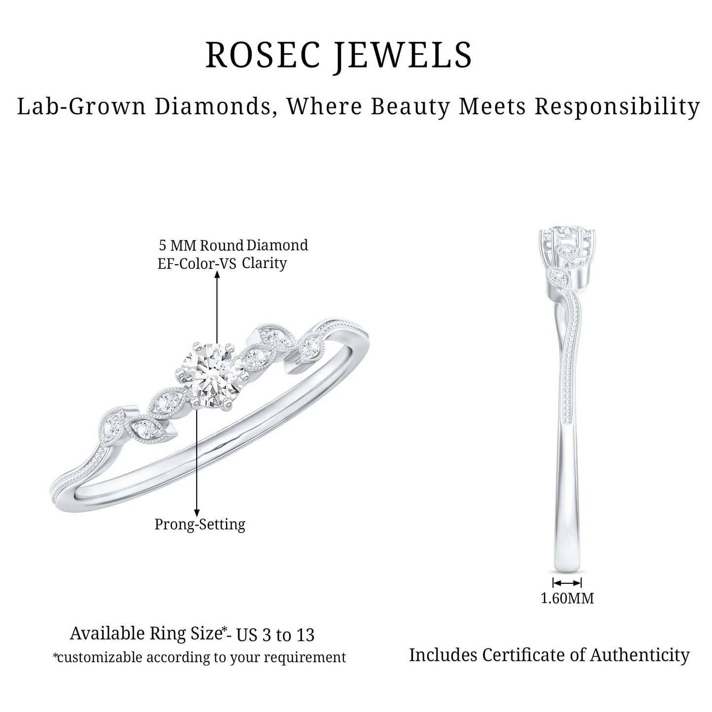 Minimal Lab Grown Diamond Leaf Ring with Beaded Detailing