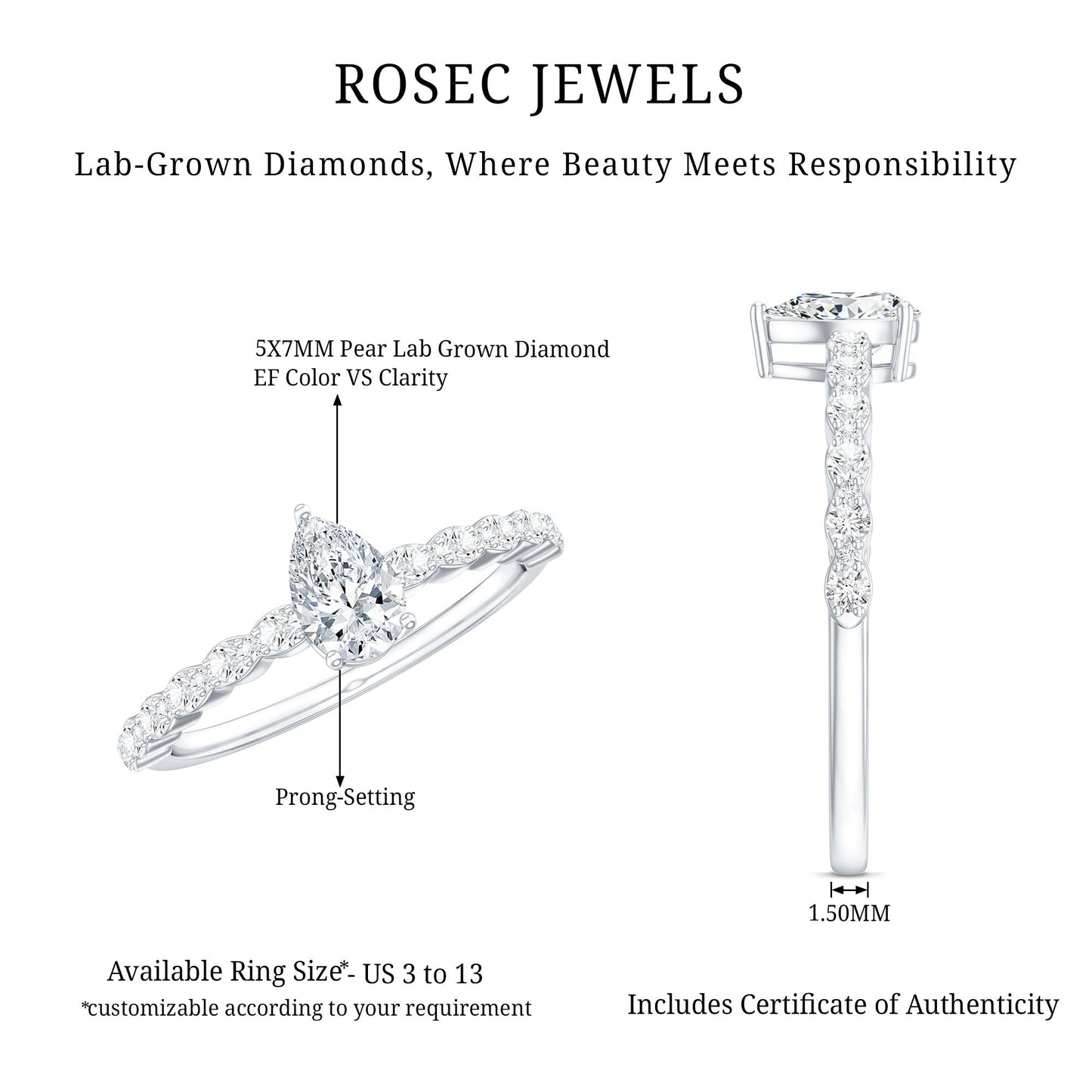 Pear Shape Lab Grown Diamond Solitaire Promise Ring with Side Stones