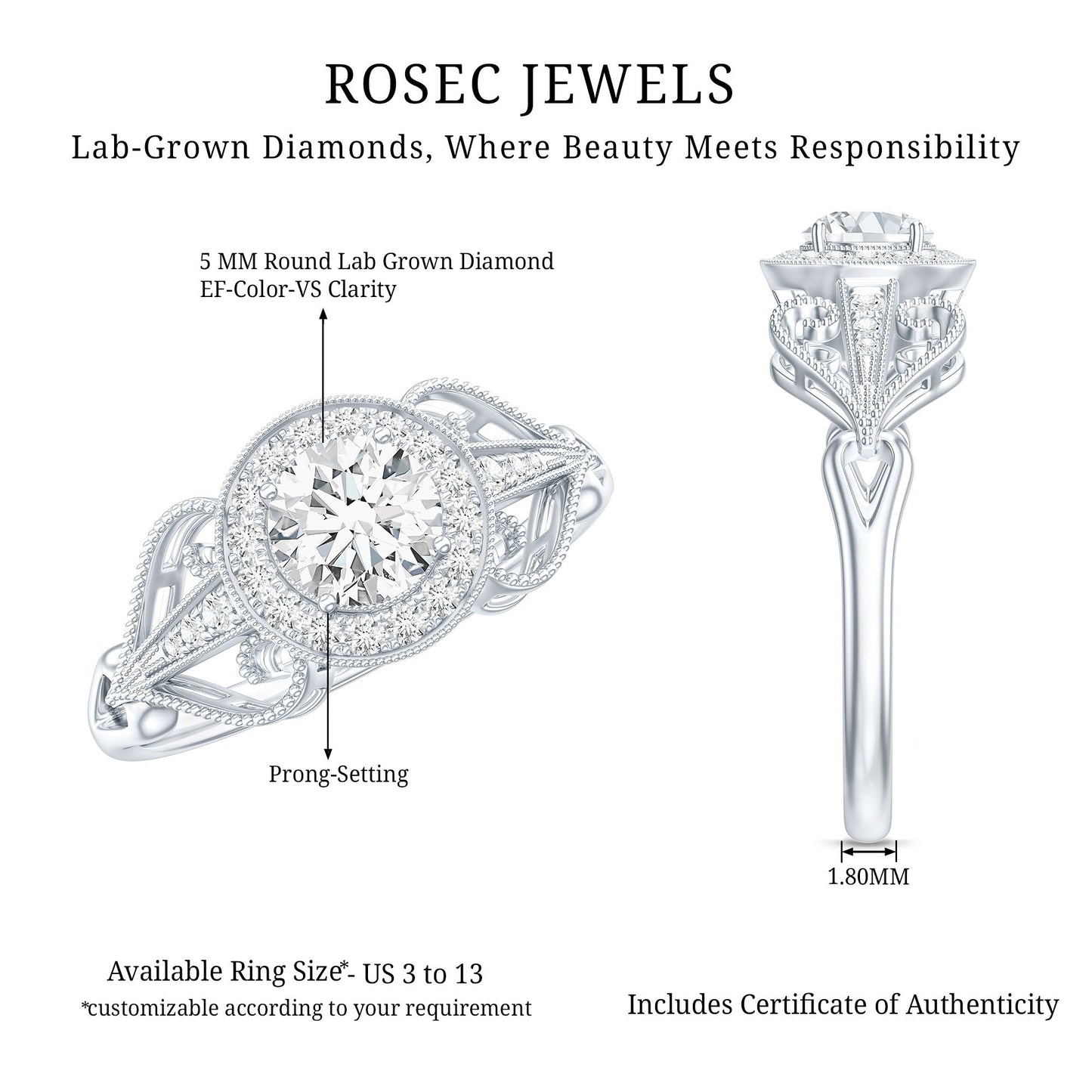 Vintage Inspired Engagement Ring with Lab Grown Diamond