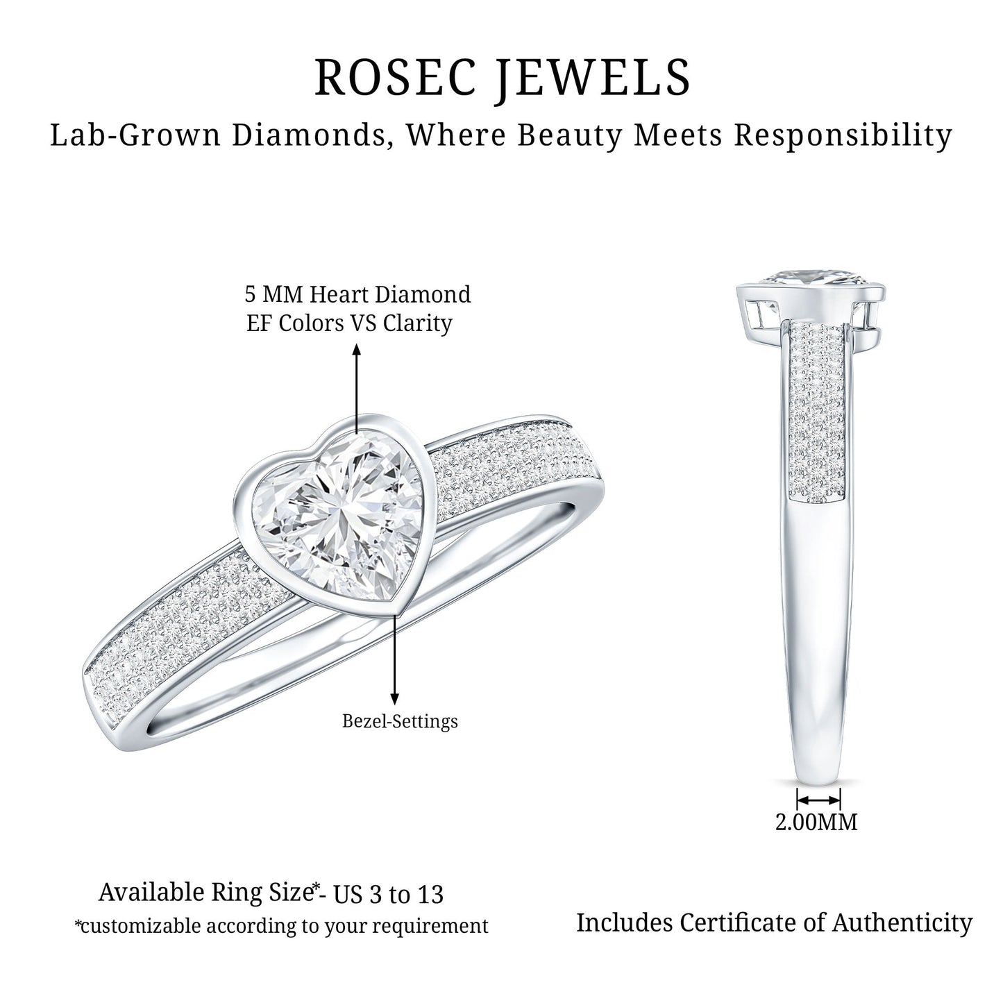 Heart Shape Lab Grown Diamond Solitaire Ring with Side Stones