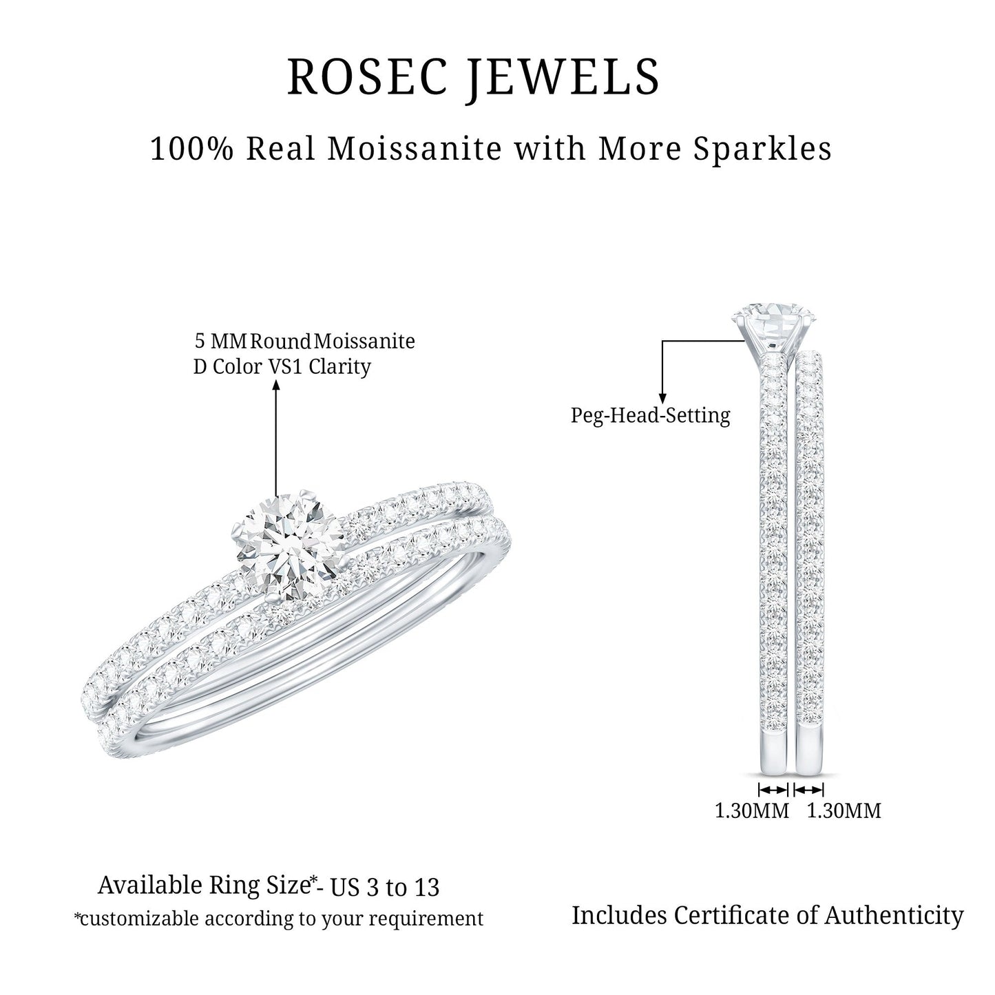 Round Cut Moissanite Engagement Ring with Eternity Band