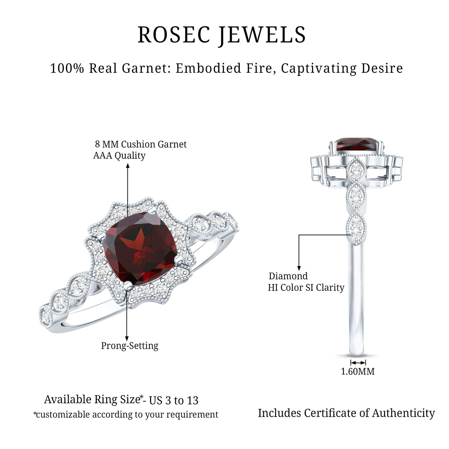 Vintage Looking 3.2 Carat Garnet Cushion Cut Engagement Ring with Diamond