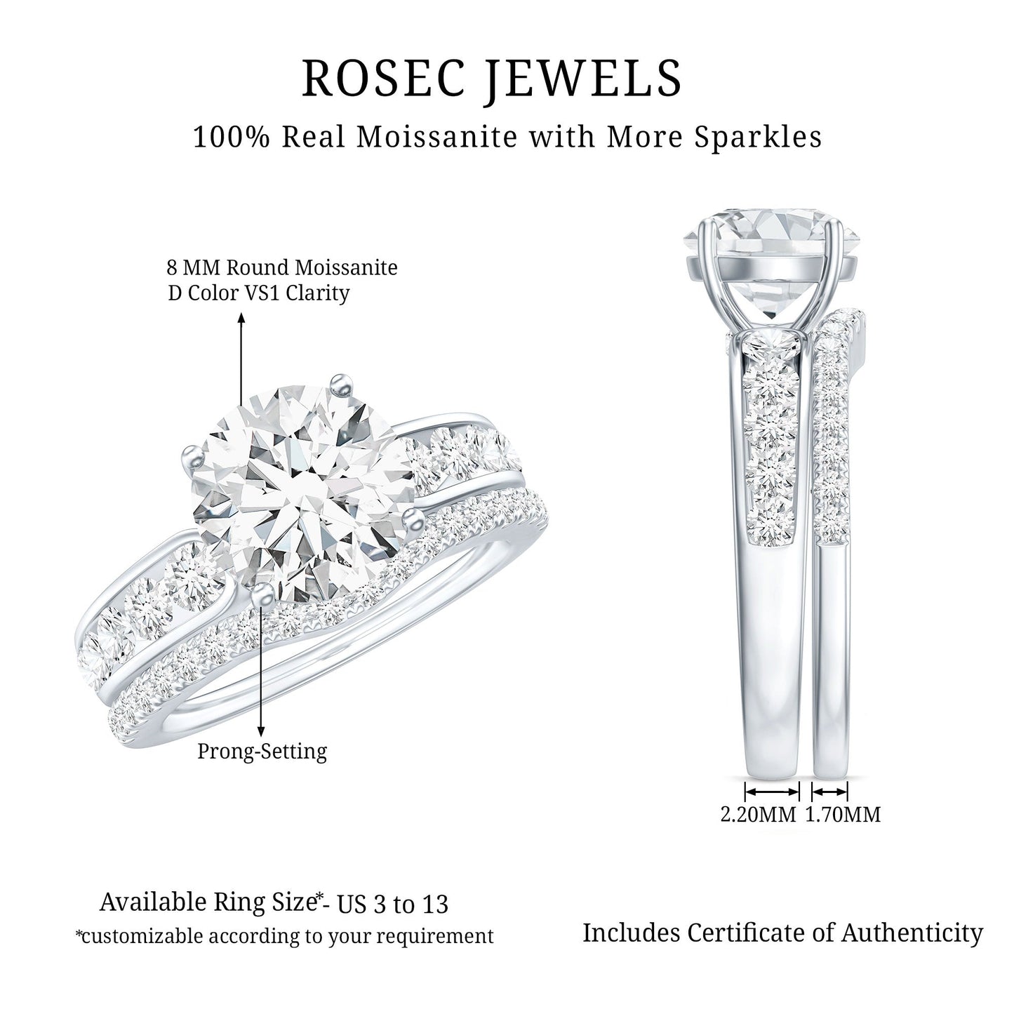 Certified 2 Carat Round Moissanite Engagement Ring with Wedding Band